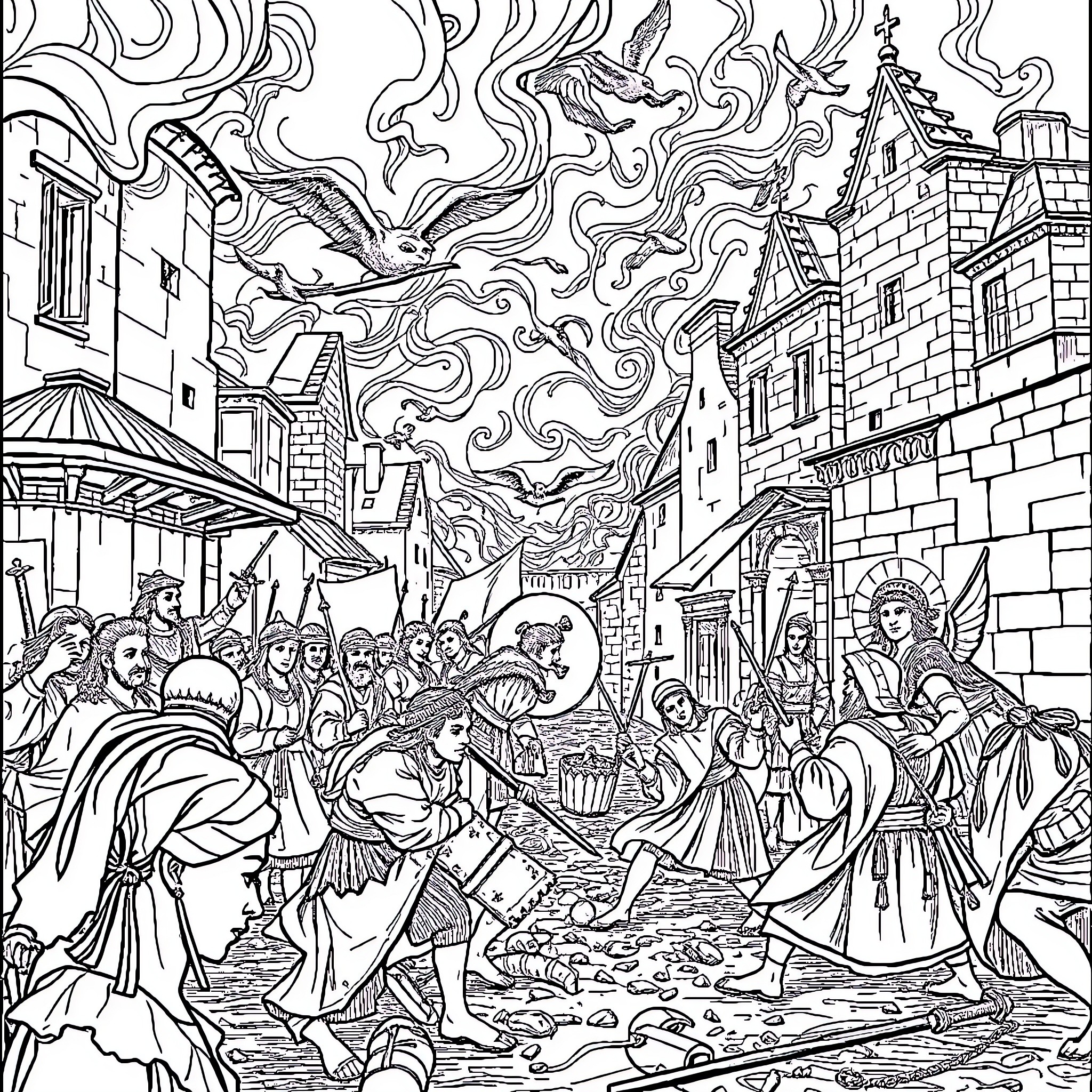 Crisis in a Chaotic Medieval Scene Coloring Page (free black-and-white line drawing printable PDF for all, from beginners to advanced learners, including children, teens, adults, and seniors)
