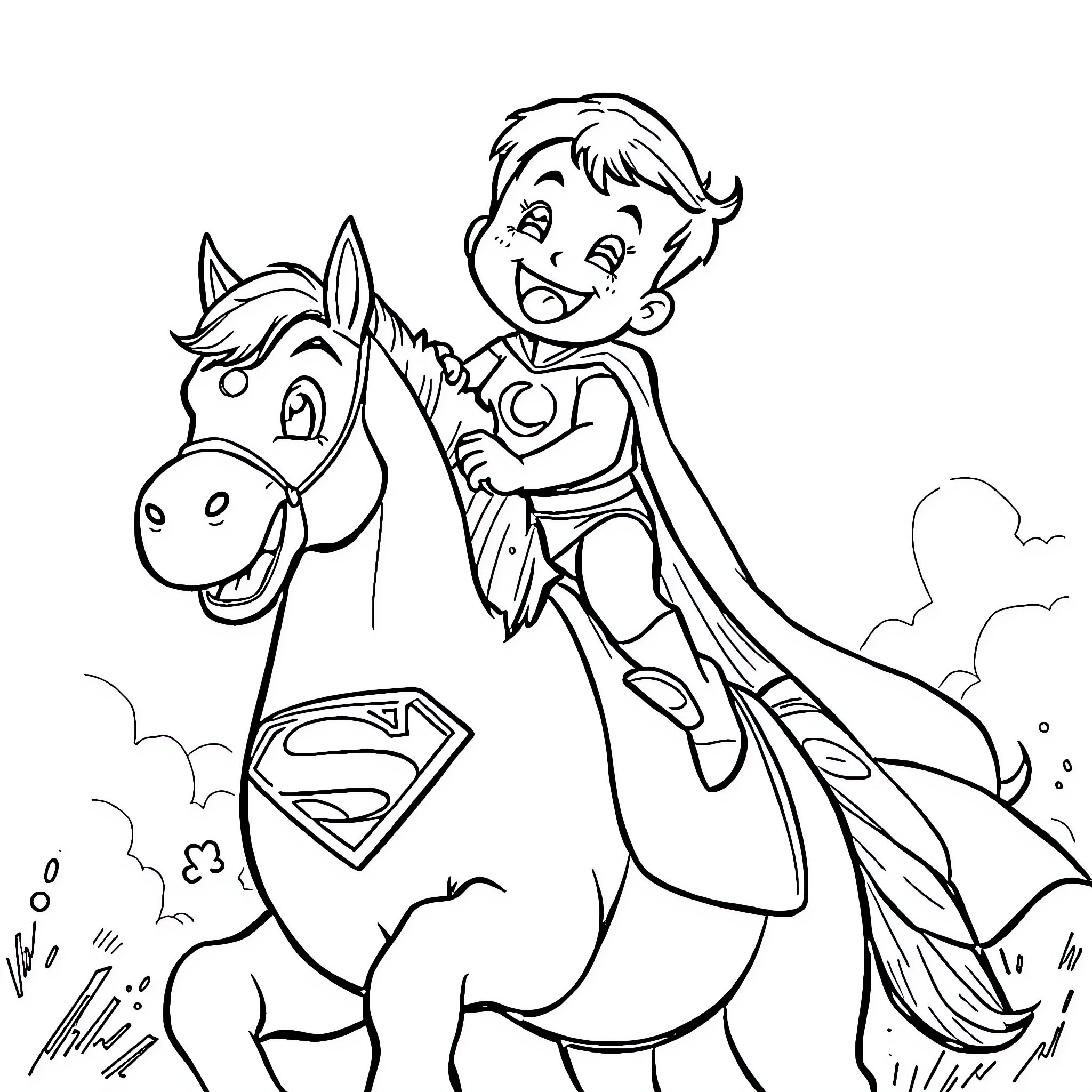 Bluey riding a superhero-inspired pony in the clouds Coloring Page (free black-and-white line drawing printable PDF for all, from beginners to advanced learners, including children, teens, adults, and seniors)