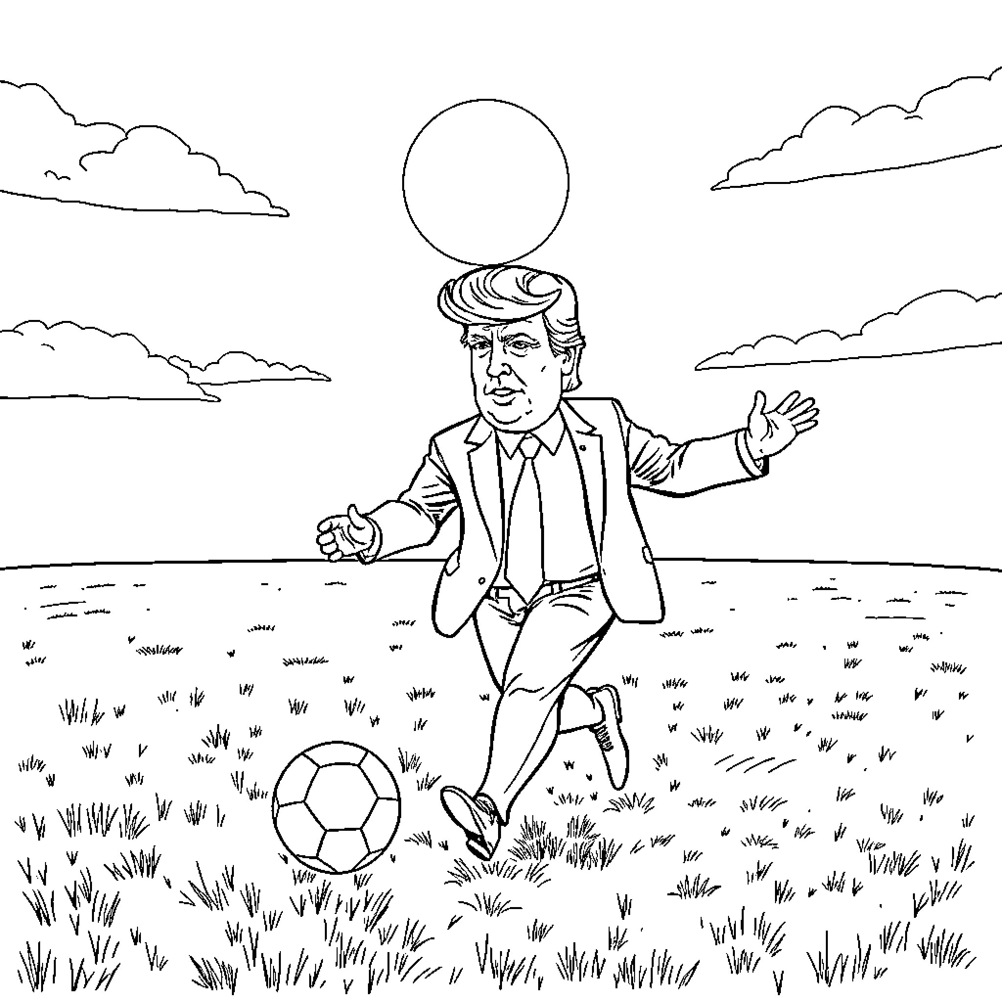 Donald Trump playing soccer with a balloon over his head Coloring Page (free black-and-white line drawing printable PDF for all, from beginners to advanced learners, including children, teens, adults, and seniors)