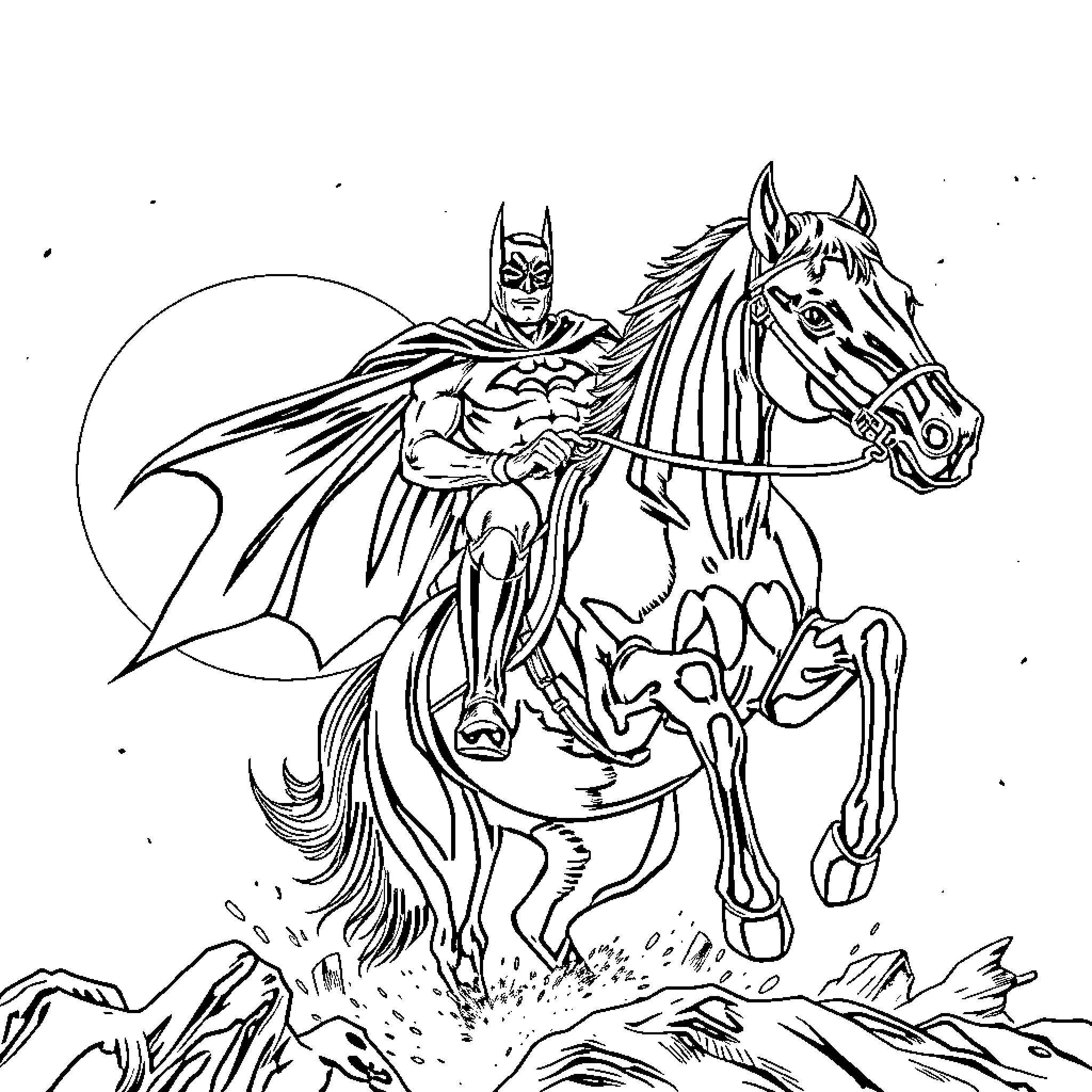 Batman riding a galloping horse in action Coloring Page (free black-and-white line drawing printable PDF for all, from beginners to advanced learners, including children, teens, adults, and seniors)