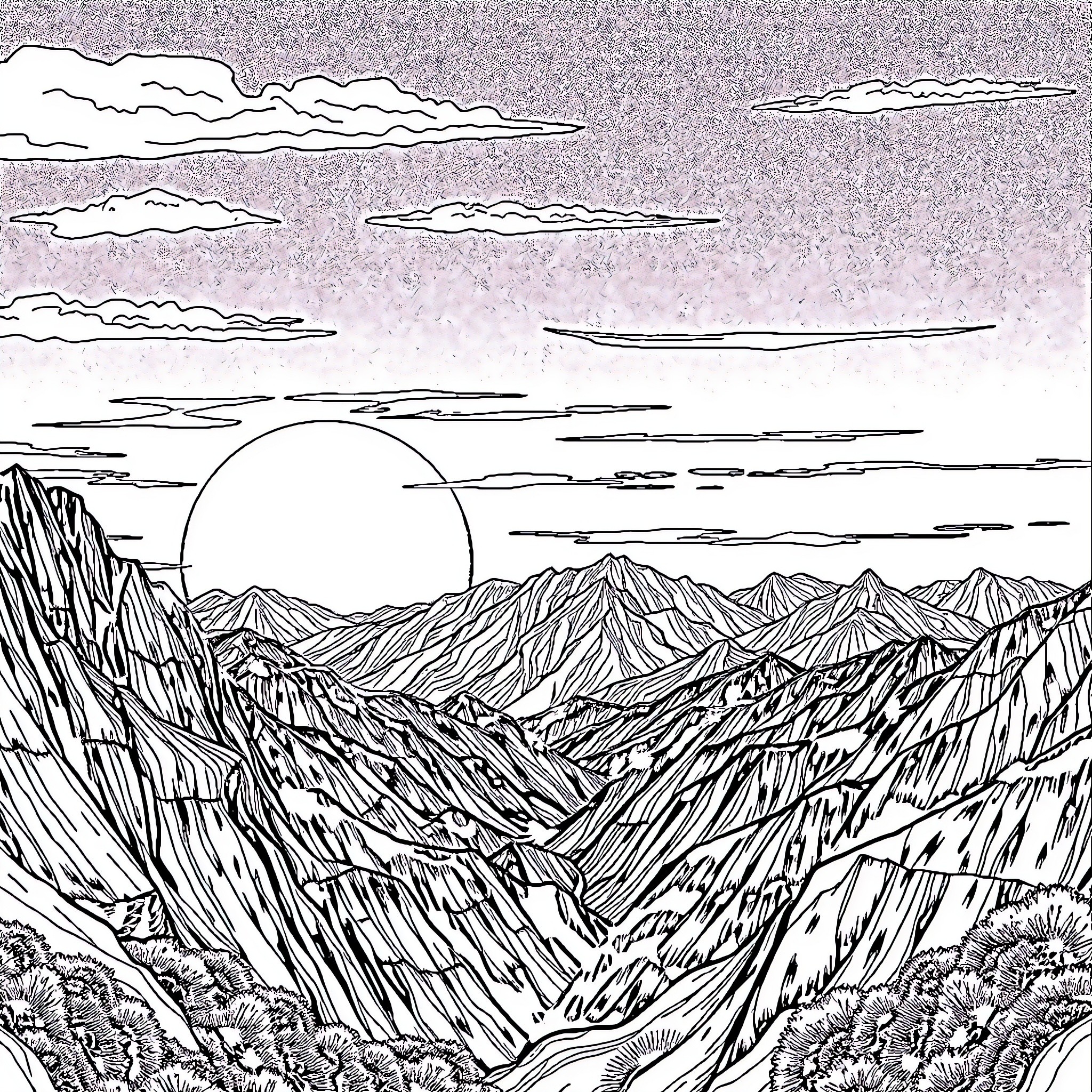 Sunset over rugged mountain landscape Coloring Page (free black-and-white line drawing printable PDF for all, from beginners to advanced learners, including children, teens, adults, and seniors)