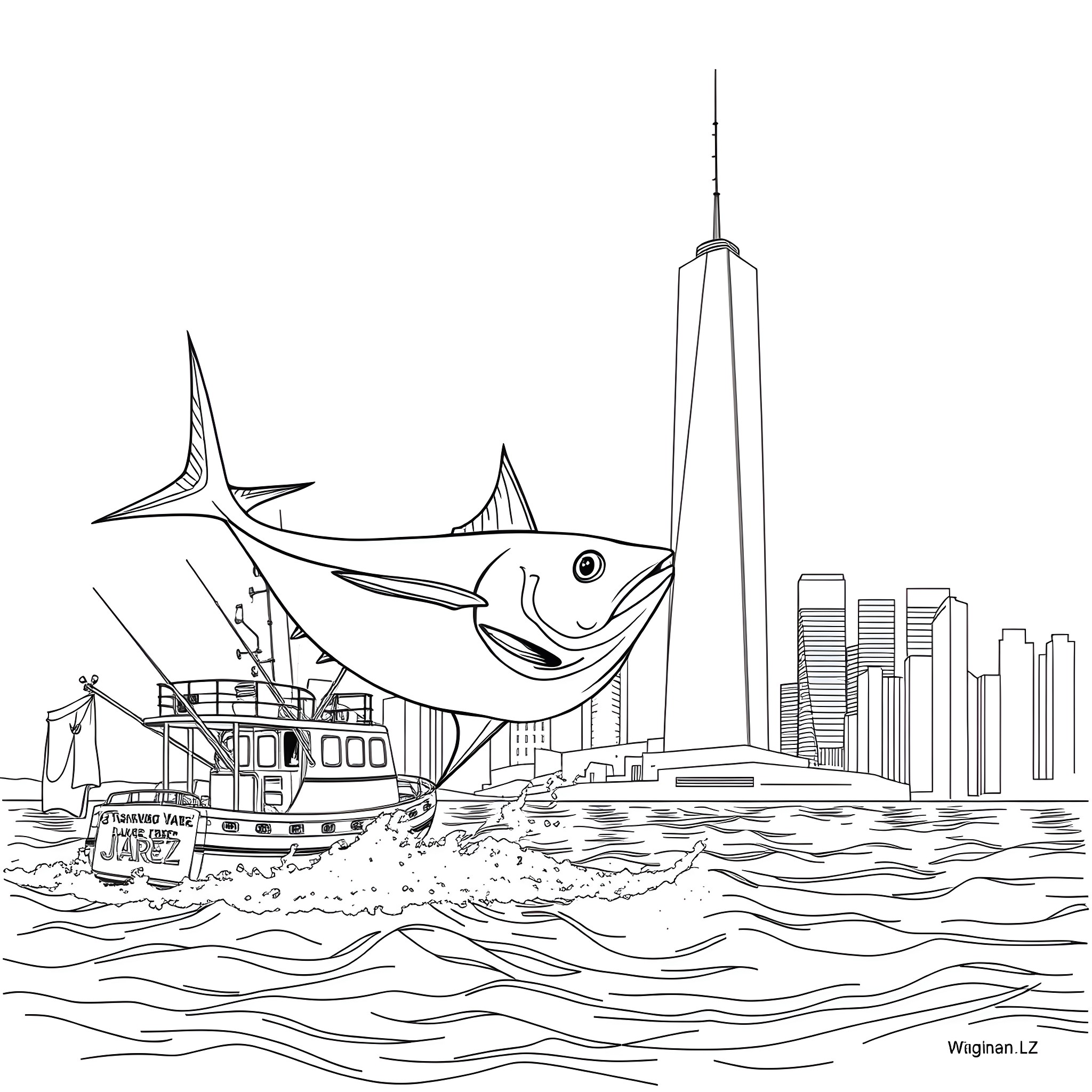 Tuna fishing boat sailing in the city harbor Coloring Page (free black-and-white line drawing printable PDF for all, from beginners to advanced learners, including children, teens, adults, and seniors)