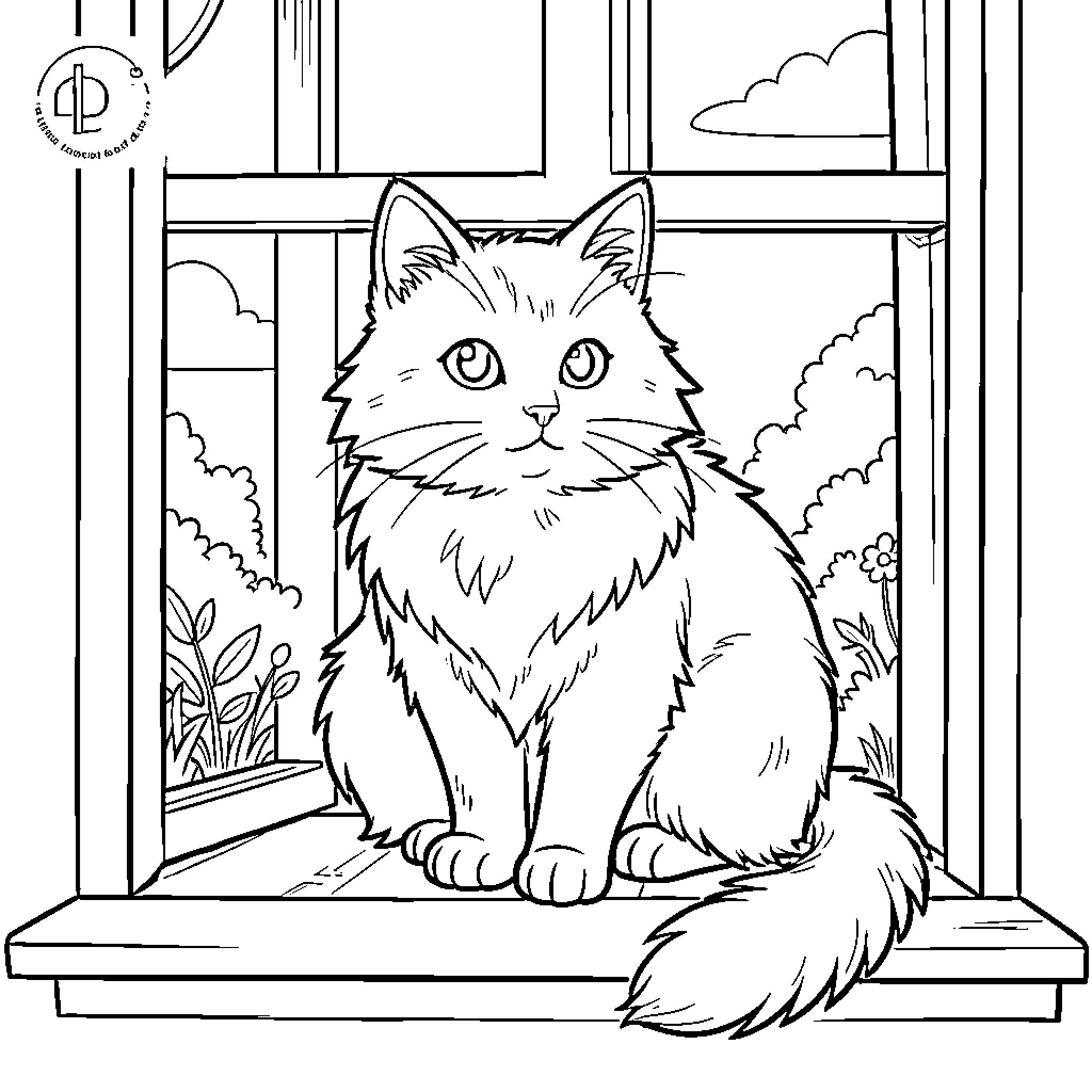 Cat sitting by the window Coloring Page (free black-and-white line drawing printable PDF for all, from beginners to advanced learners, including children, teens, adults, and seniors)
