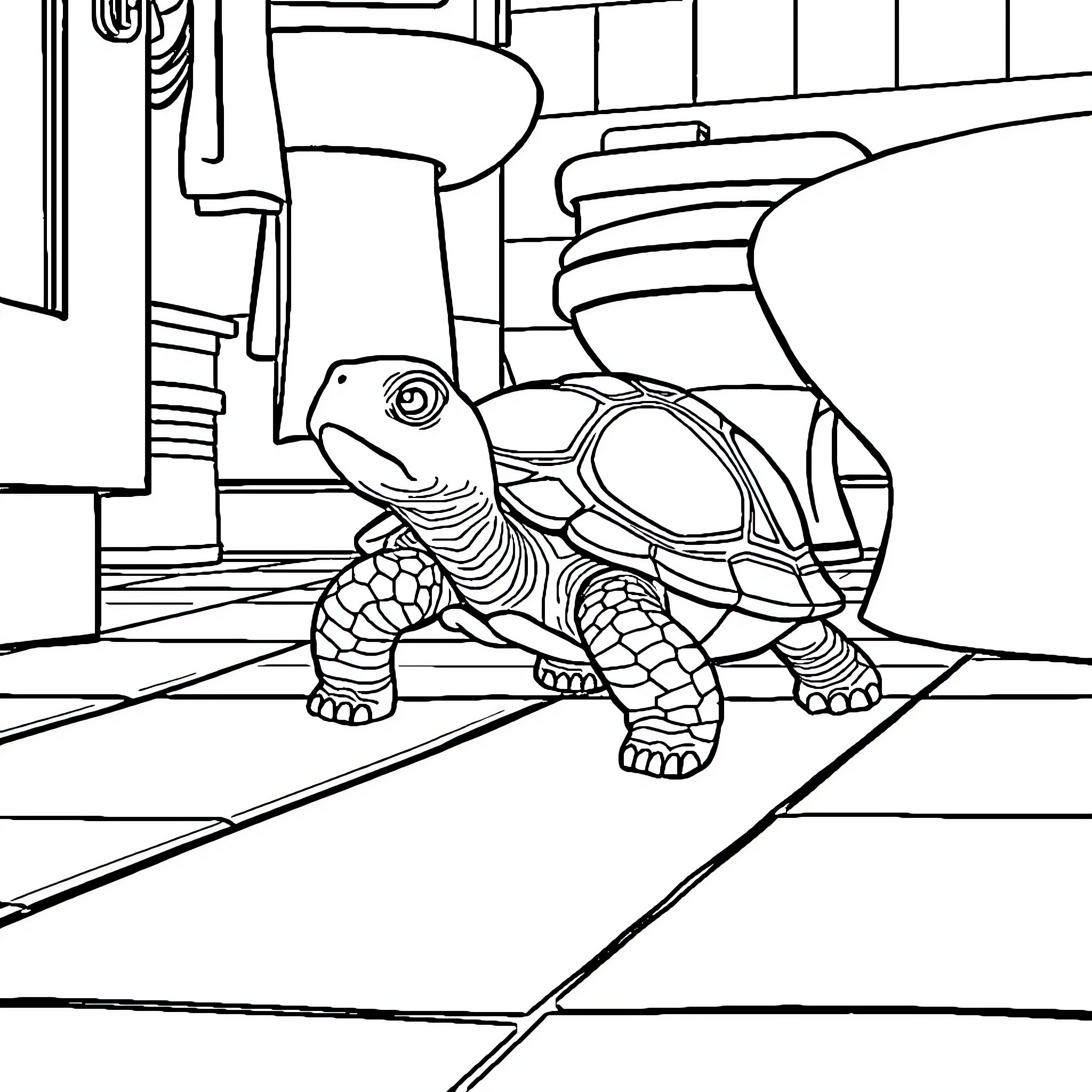 Turtle exploring a mechanical room Coloring Page (free black-and-white line drawing printable PDF for all, from beginners to advanced learners, including children, teens, adults, and seniors)