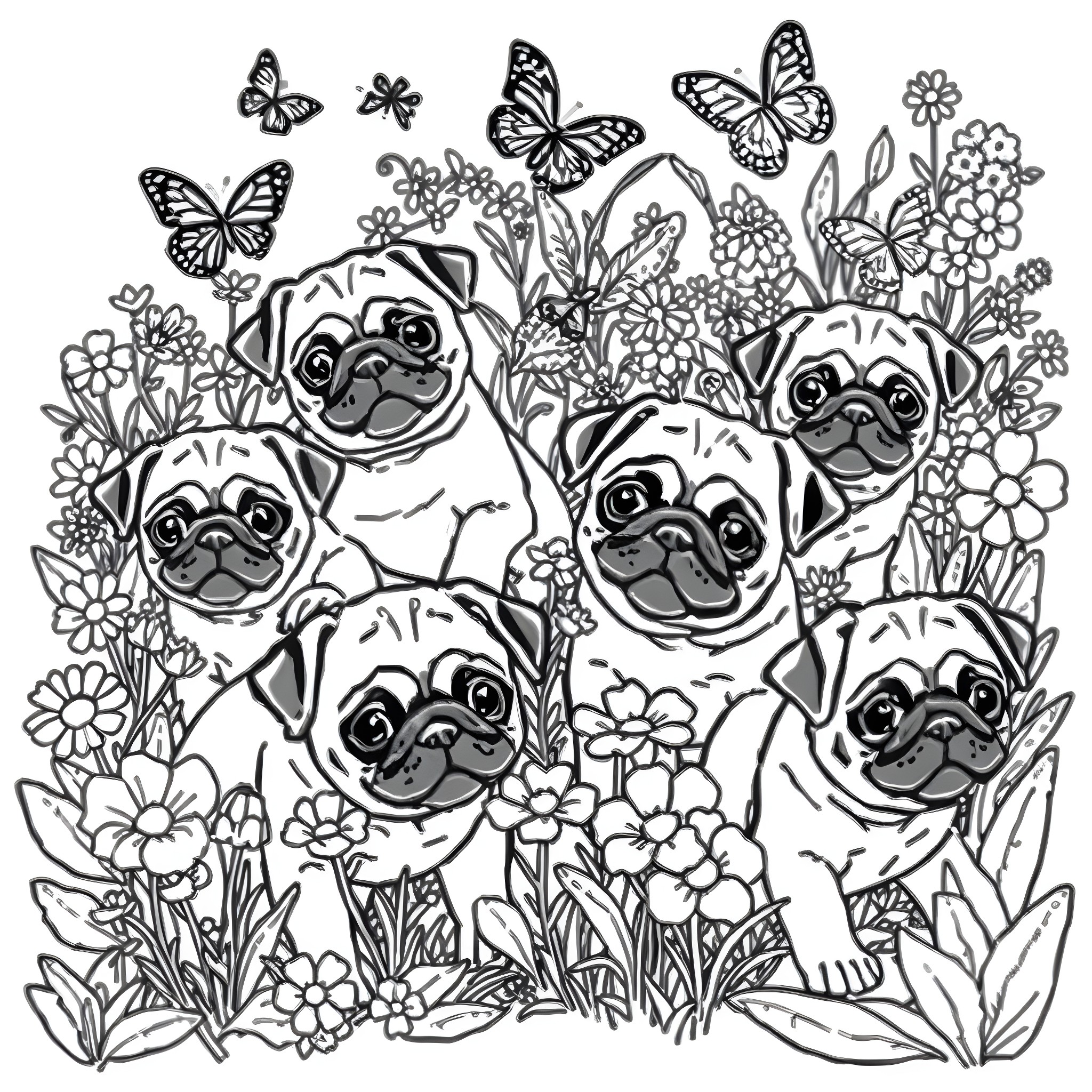 Pug puppies frolicking among colorful flowers and butterflies Coloring Page (free black-and-white line drawing printable PDF for all, from beginners to advanced learners, including children, teens, adults, and seniors)