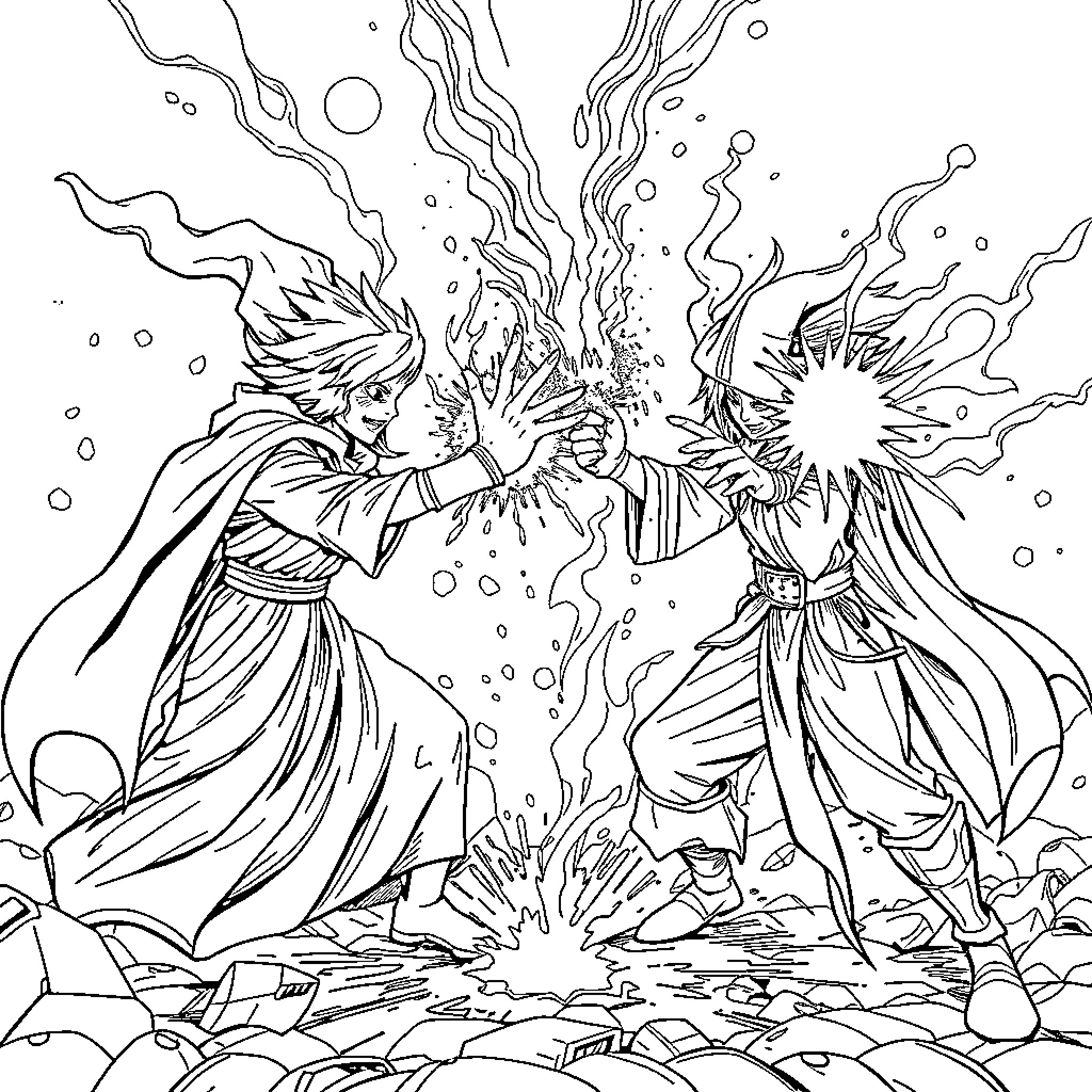Mage Clash of Elemental Powers Coloring Page (free black-and-white line drawing printable PDF for all, from beginners to advanced learners, including children, teens, adults, and seniors)