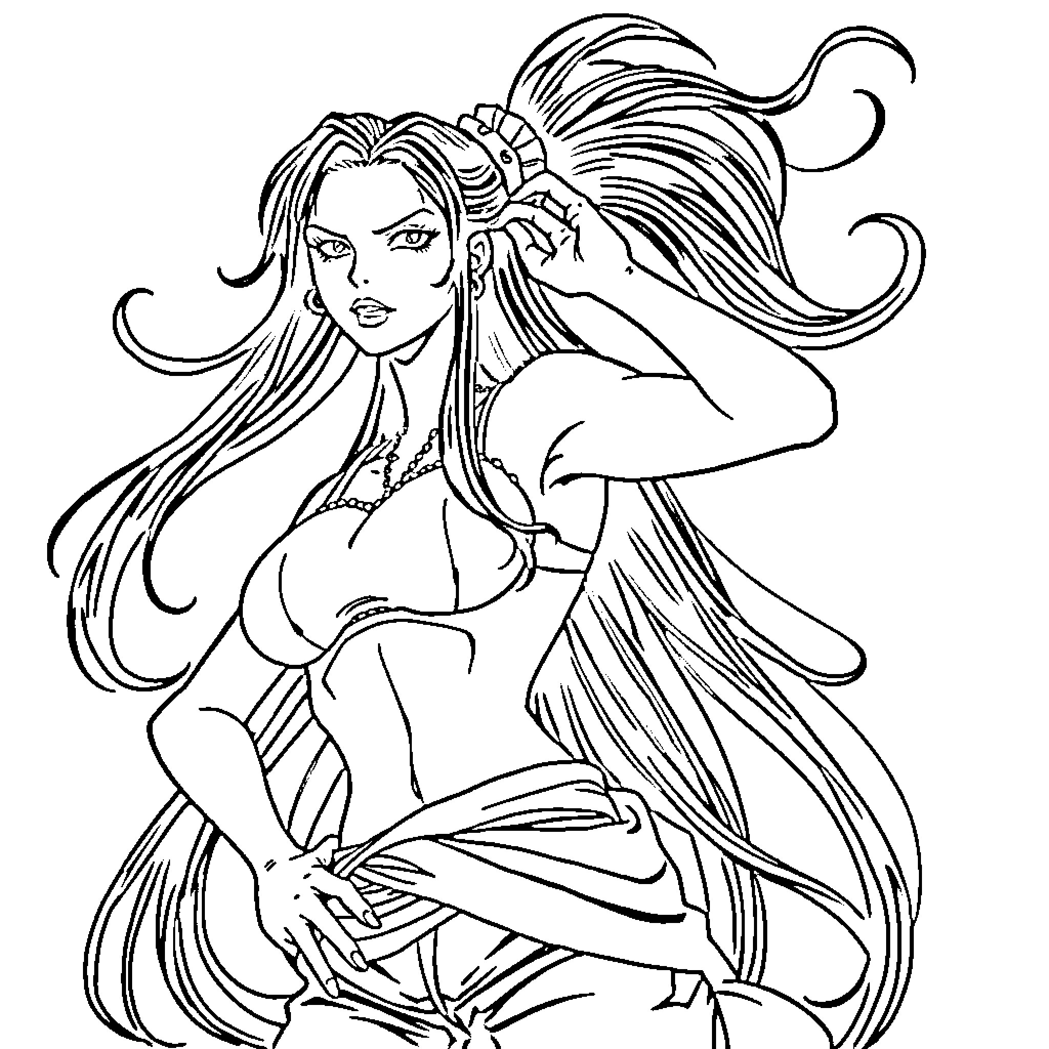 Hancock: Mysterious female figure in dramatic pose Coloring Page (free black-and-white line drawing printable PDF for all, from beginners to advanced learners, including children, teens, adults, and seniors)