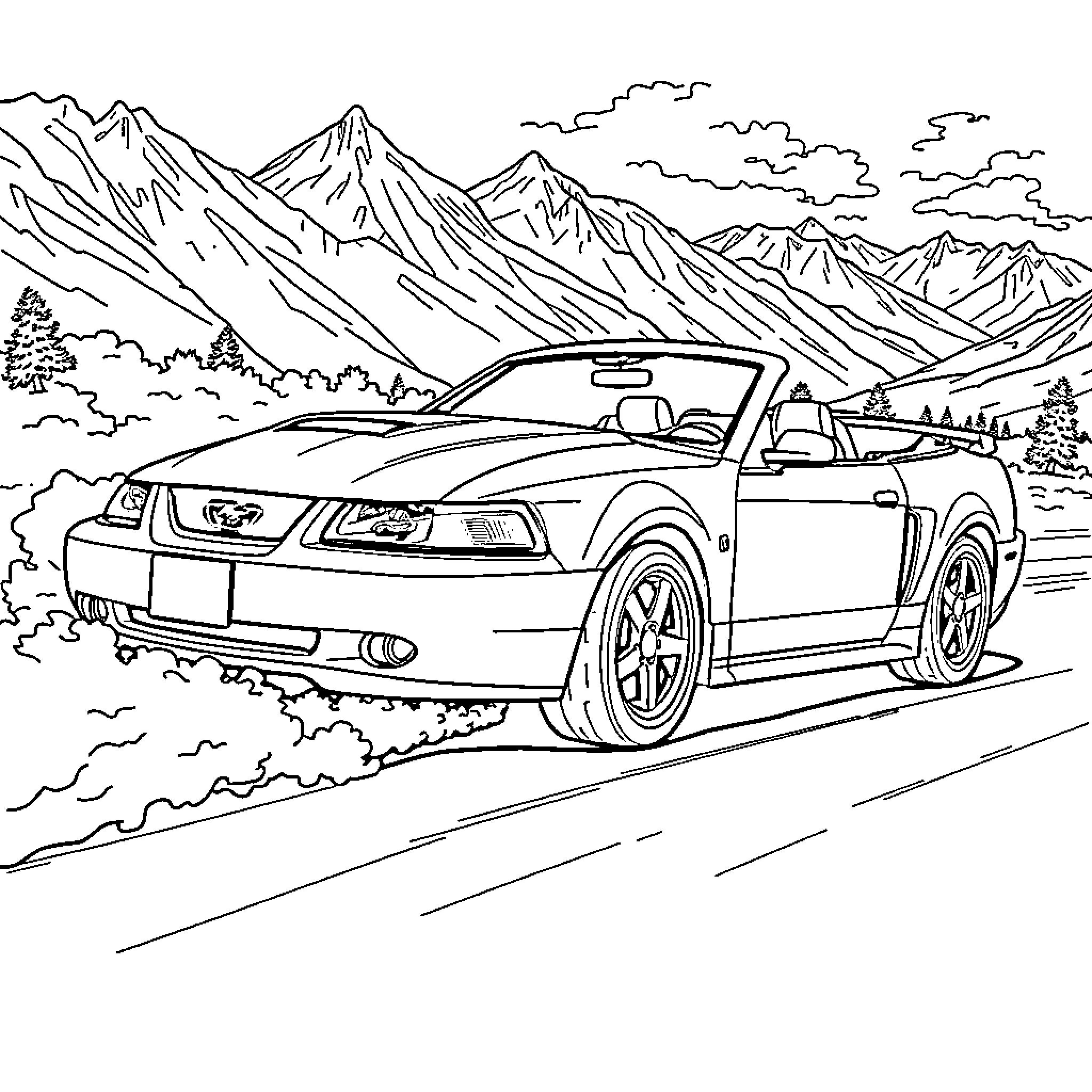 Mustang driving through scenic mountain landscape Coloring Page (free black-and-white line drawing printable PDF for all, from beginners to advanced learners, including children, teens, adults, and seniors)