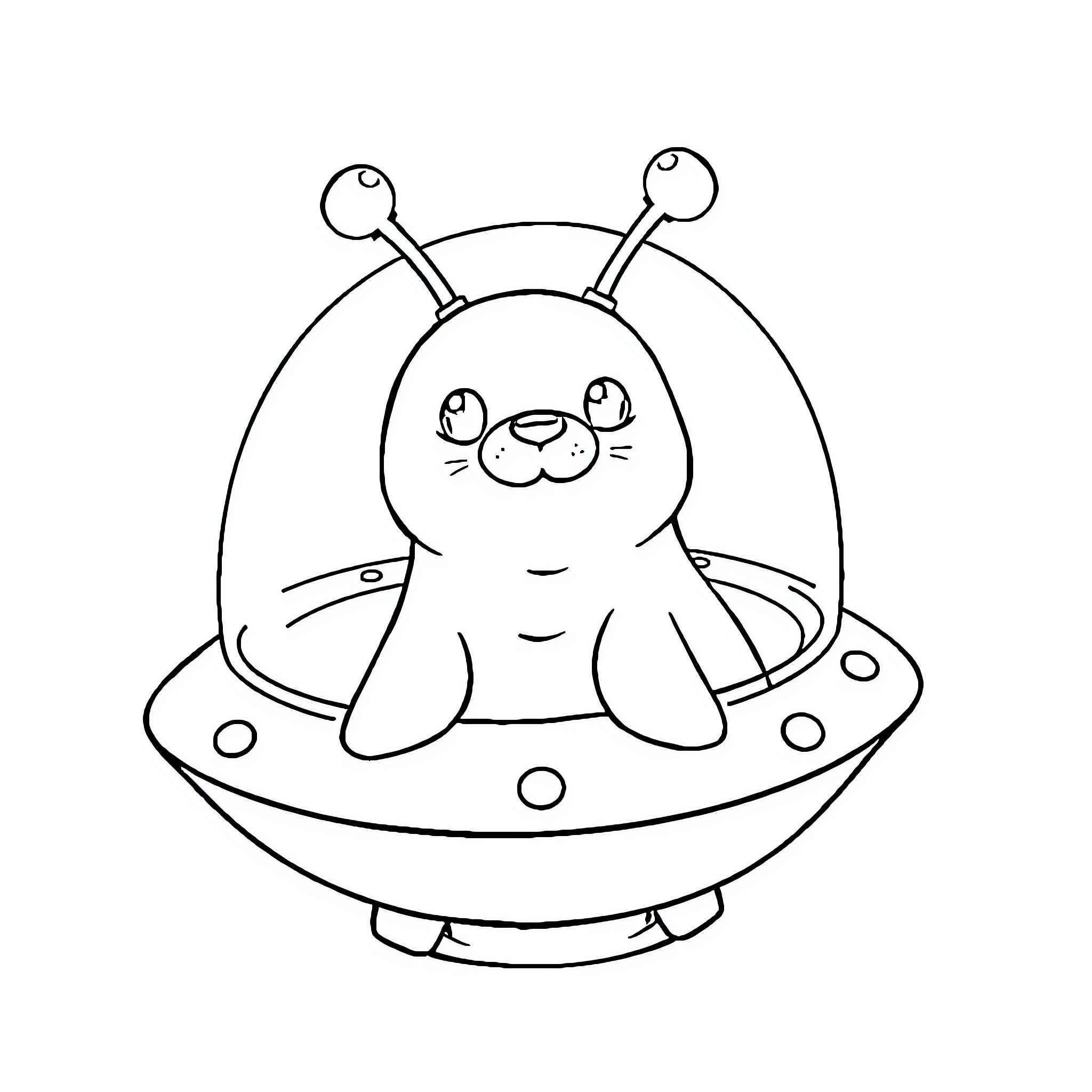 Seal-shaped alien in a flying saucer Coloring Page (free black-and-white line drawing printable PDF for all, from beginners to advanced learners, including children, teens, adults, and seniors)