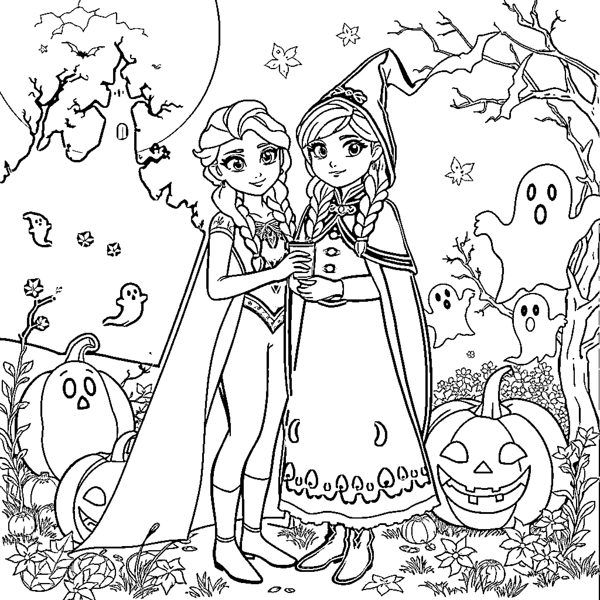 Elsa and Anna's Halloween Adventure Coloring Page (free black-and-white line drawing printable PDF for all, from beginners to advanced learners, including children, teens, adults, and seniors)