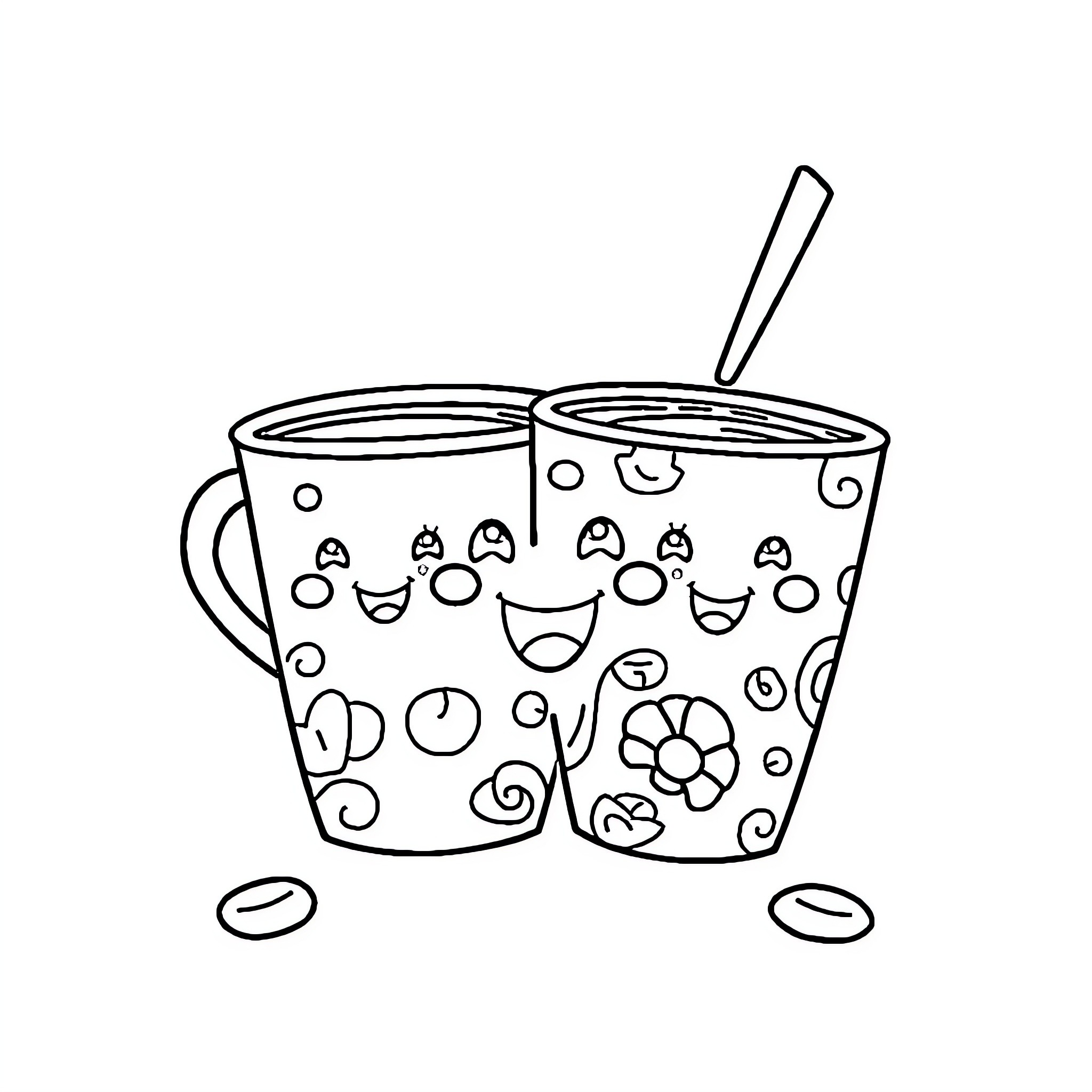 Coffee Cups with Playful Designs Coloring Page (free black-and-white line drawing printable PDF for all, from beginners to advanced learners, including children, teens, adults, and seniors)