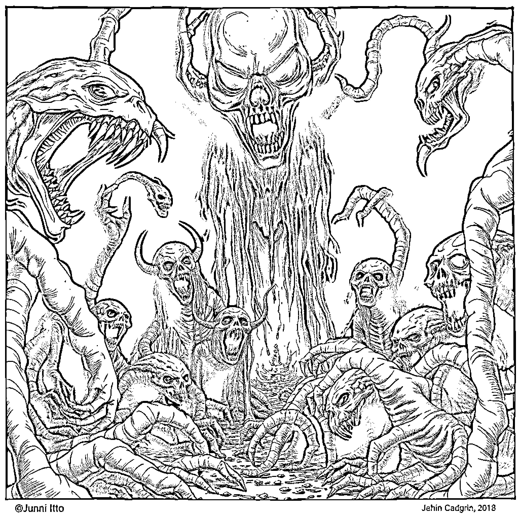 Junji Ito's Nightmare Creatures Gather in Unsettling Scene Coloring Page (free black-and-white line drawing printable PDF for all, from beginners to advanced learners, including children, teens, adults, and seniors)