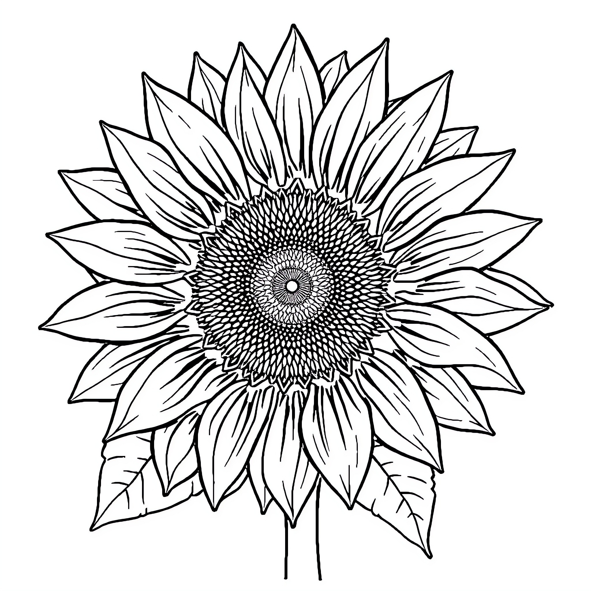 Sunflower in monochrome line art Coloring Page (free black-and-white line drawing printable PDF for all, from beginners to advanced learners, including children, teens, adults, and seniors)