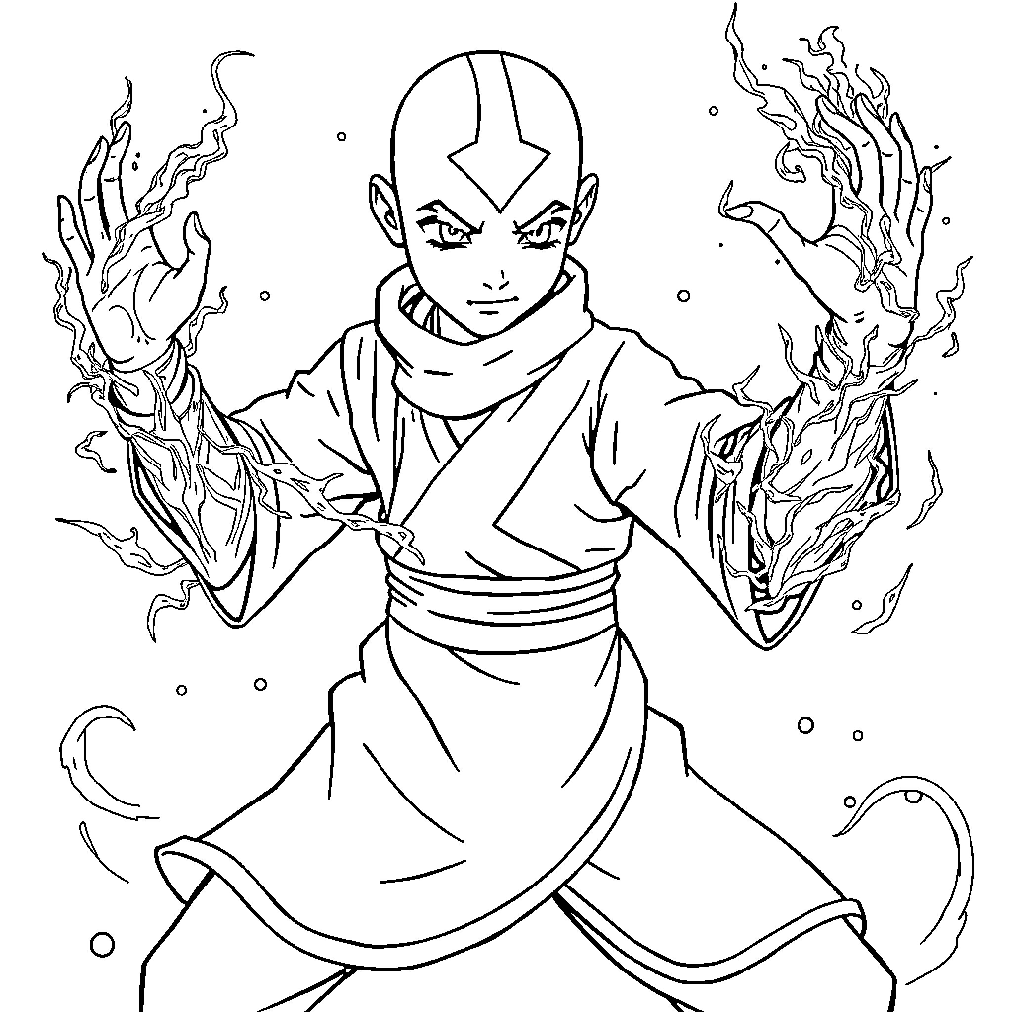 Aang Unleashing His Powerful Bending Abilities Coloring Page (free black-and-white line drawing printable PDF for all, from beginners to advanced learners, including children, teens, adults, and seniors)