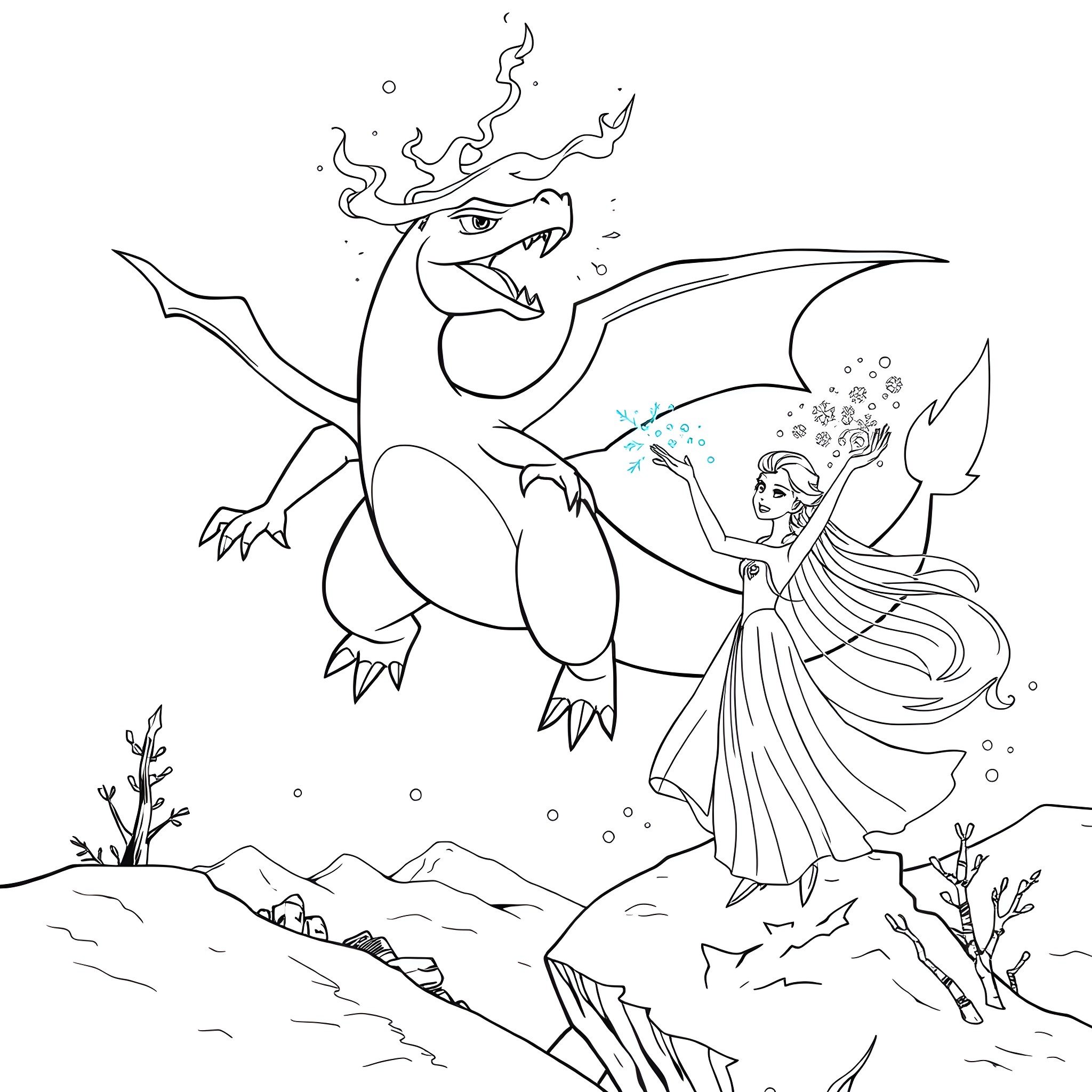 Charizard and fairy in fantasy landscape Coloring Page (free black-and-white line drawing printable PDF for all, from beginners to advanced learners, including children, teens, adults, and seniors)
