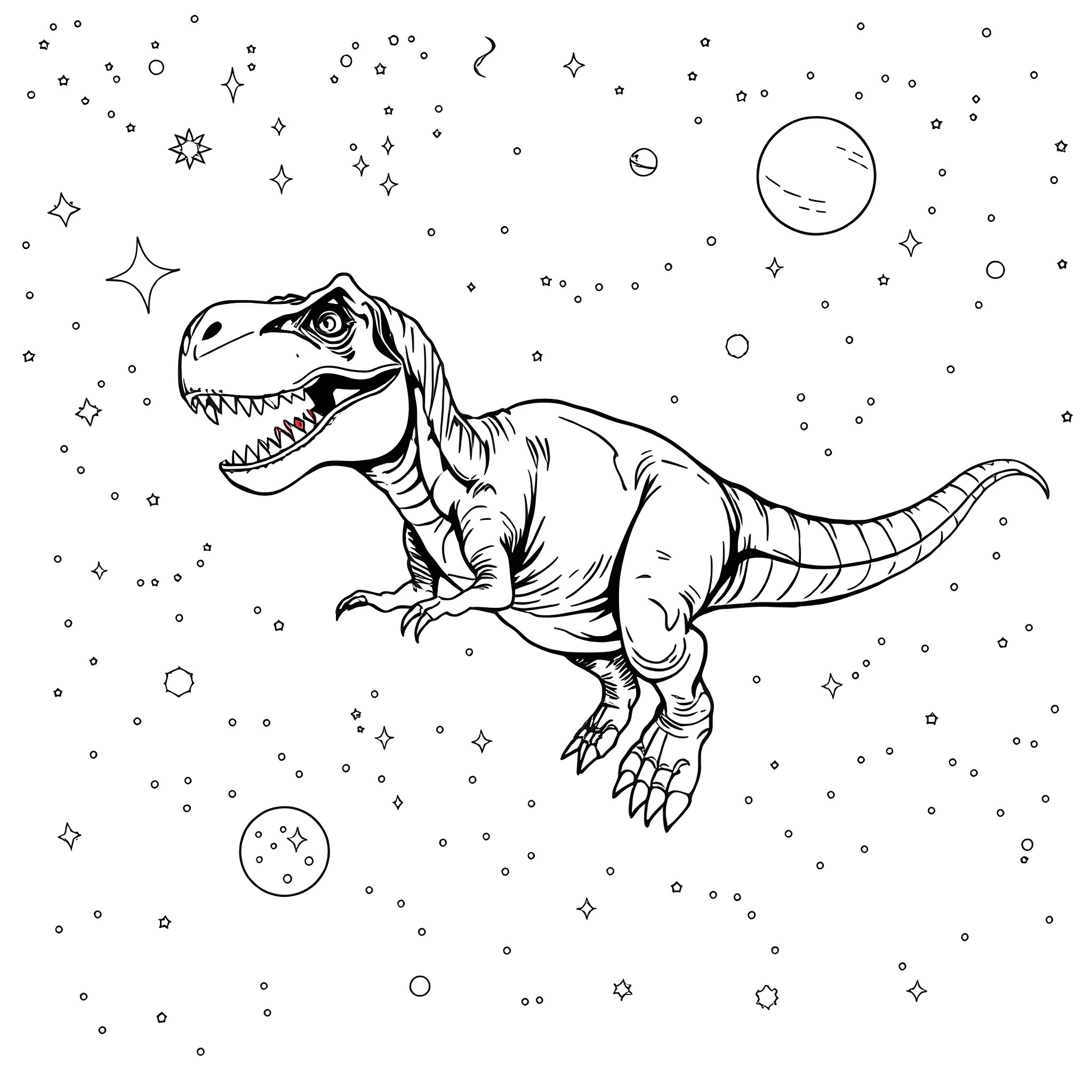 T-Rex Roaring in the Starry Night Coloring Page (free black-and-white line drawing printable PDF for all, from beginners to advanced learners, including children, teens, adults, and seniors)