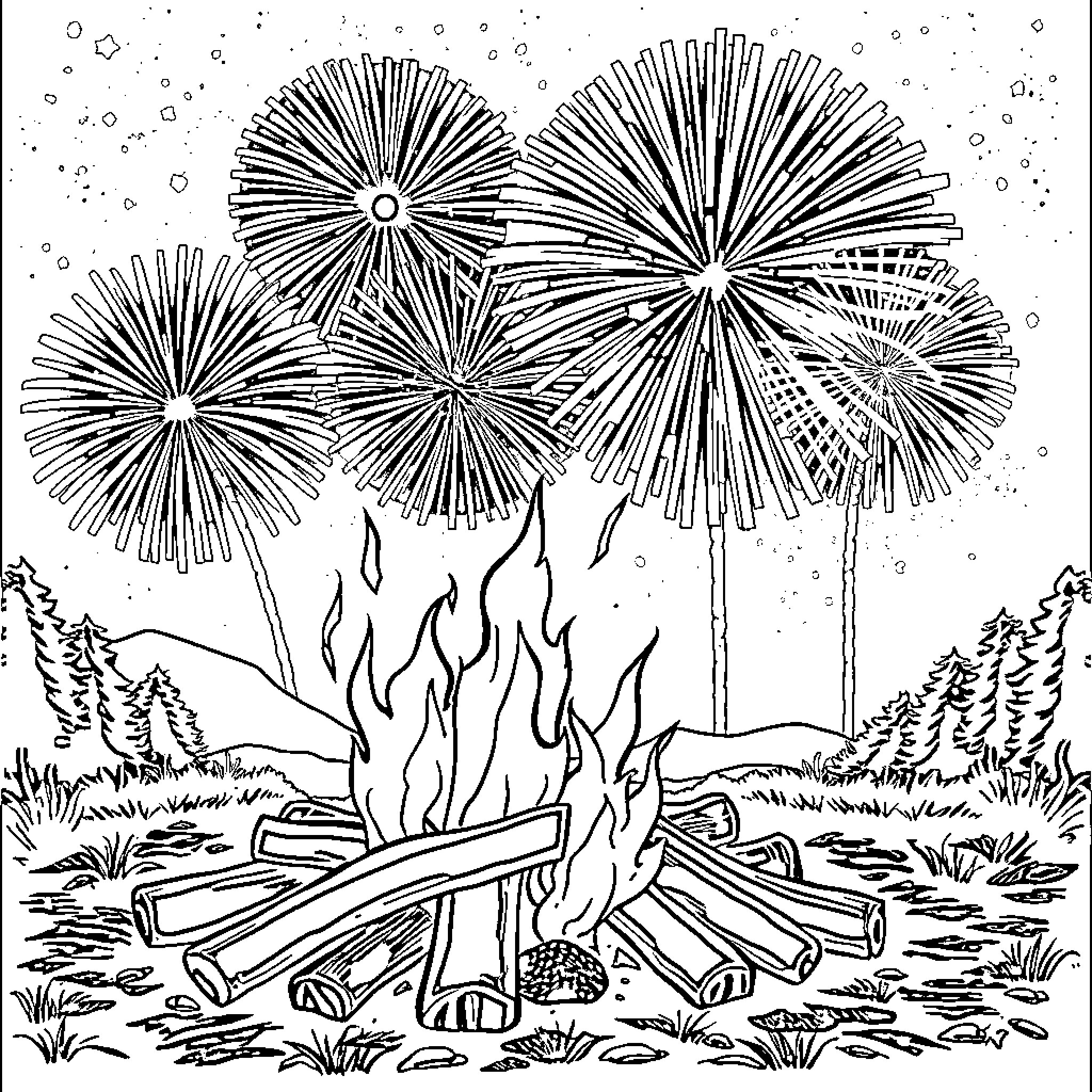 Bonfire celebration with explosive fireworks display Coloring Page (free black-and-white line drawing printable PDF for all, from beginners to advanced learners, including children, teens, adults, and seniors)