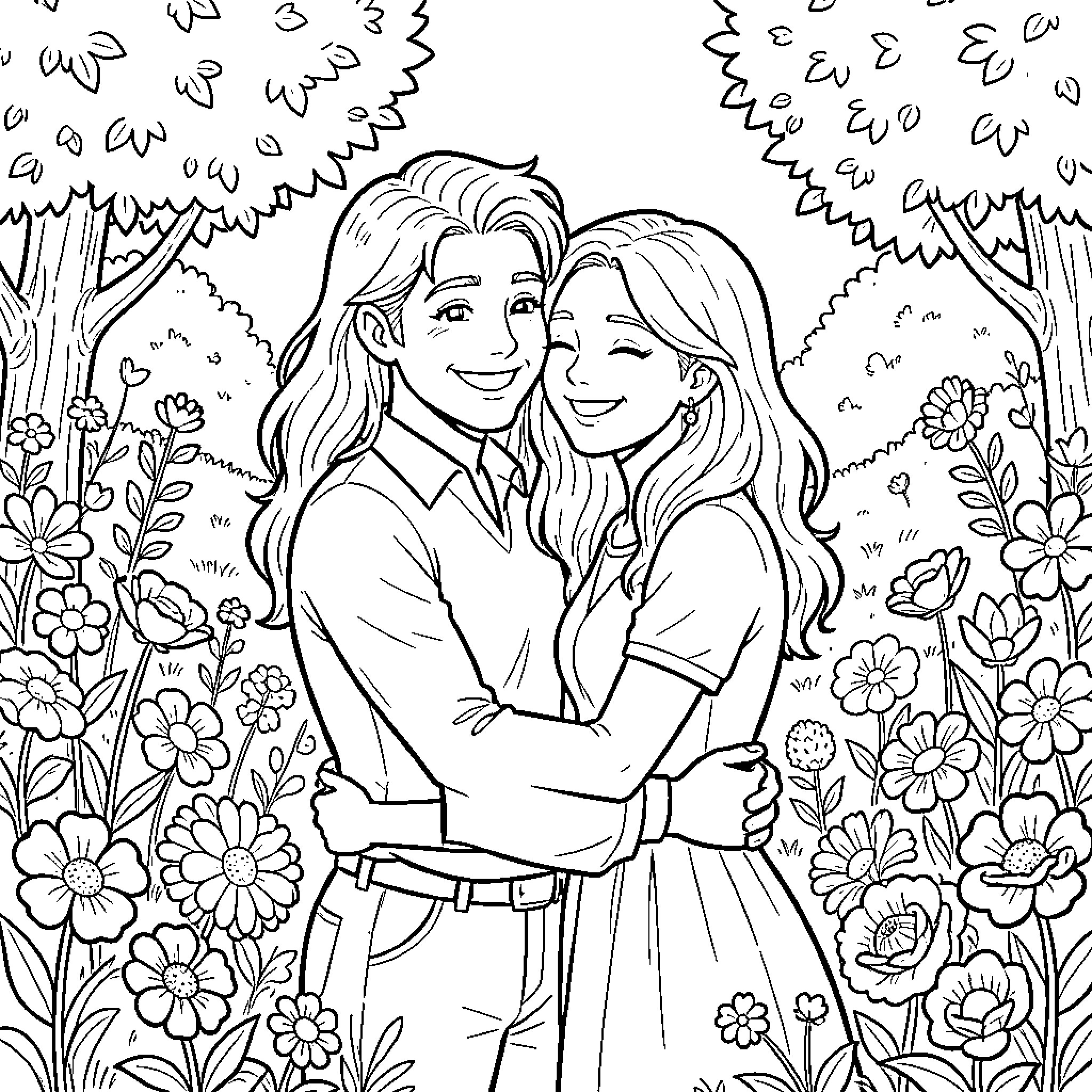 Kaine Ferron and Amber's Affectionate Embrace in Nature Coloring Page (free black-and-white line drawing printable PDF for all, from beginners to advanced learners, including children, teens, adults, and seniors)