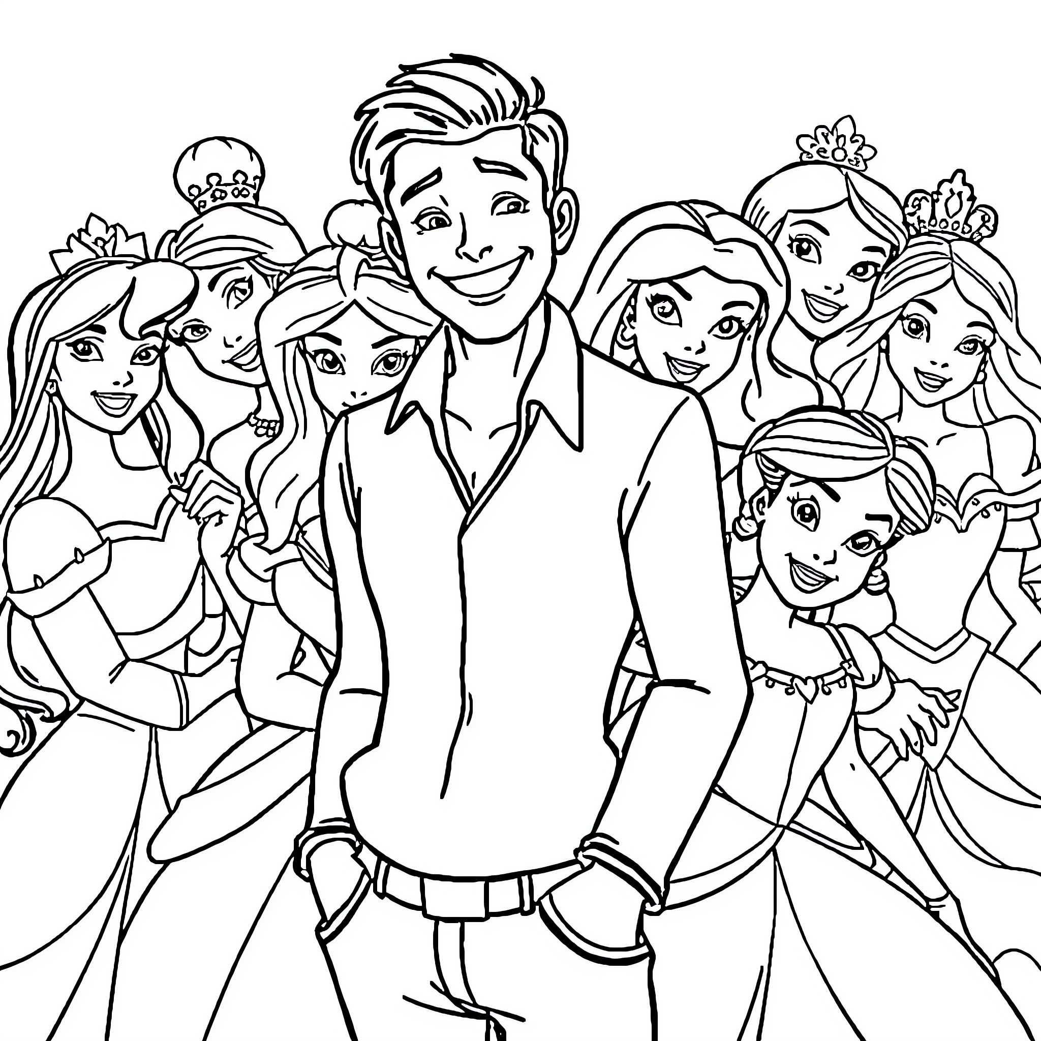 Disney Princess characters gathered together Coloring Page (free black-and-white line drawing printable PDF for all, from beginners to advanced learners, including children, teens, adults, and seniors)