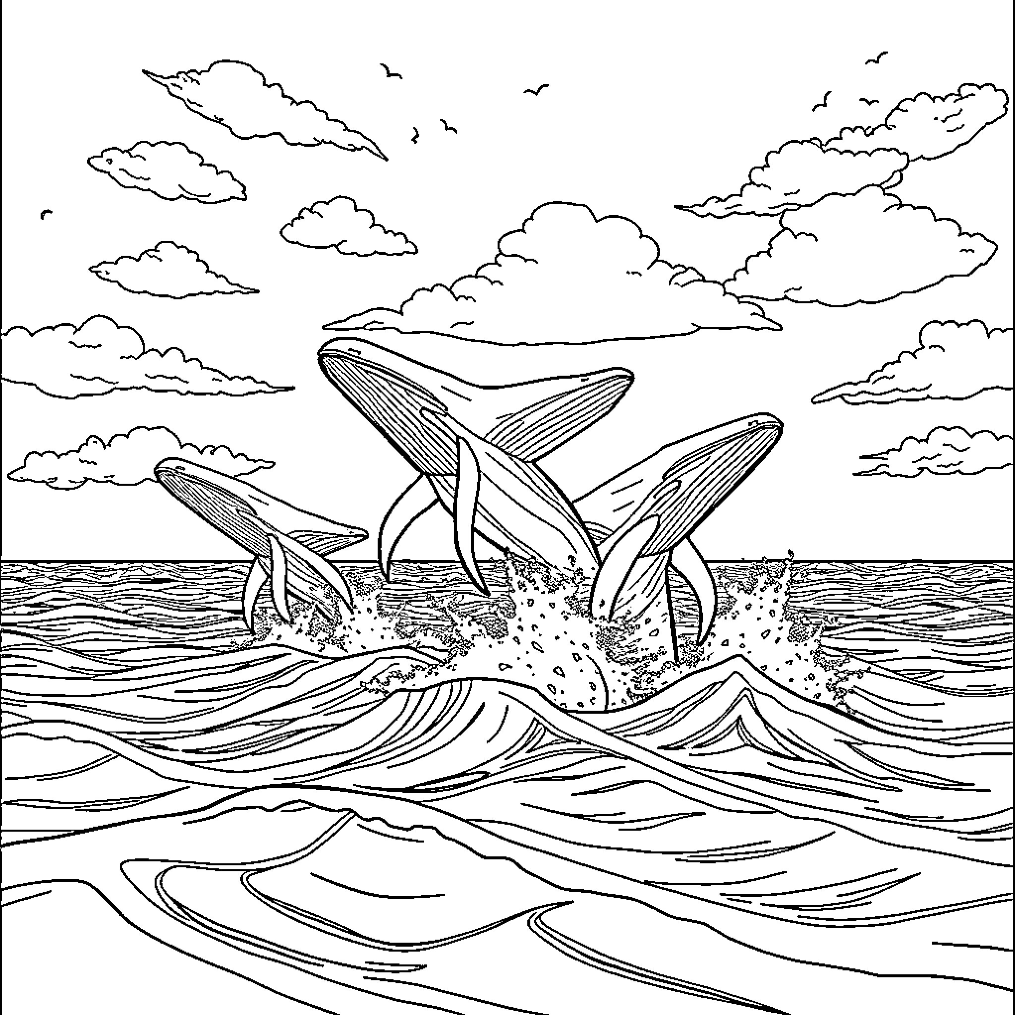 Whales breaching through waves in the open sea Coloring Page (free black-and-white line drawing printable PDF for all, from beginners to advanced learners, including children, teens, adults, and seniors)
