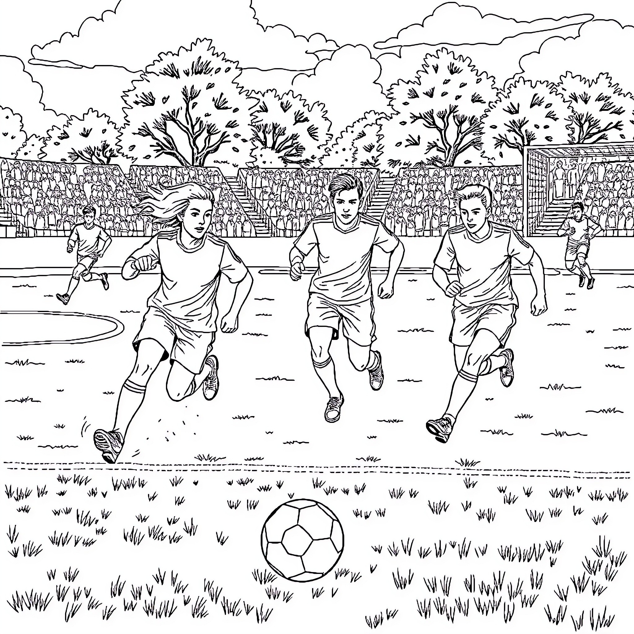 Soccer players running on the field Coloring Page (free black-and-white line drawing printable PDF for all, from beginners to advanced learners, including children, teens, adults, and seniors)