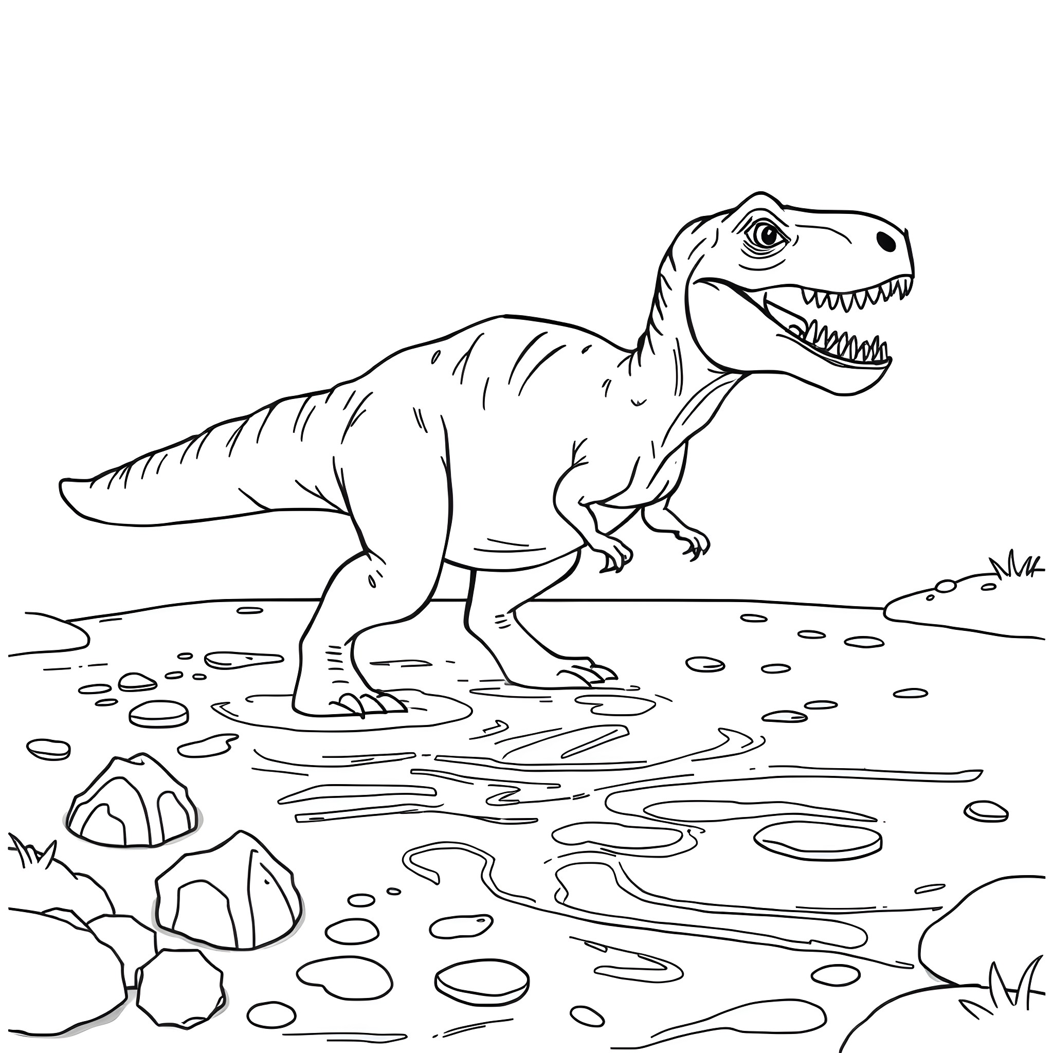 T-Rex exploring the prehistoric landscape Coloring Page (free black-and-white line drawing printable PDF for all, from beginners to advanced learners, including children, teens, adults, and seniors)