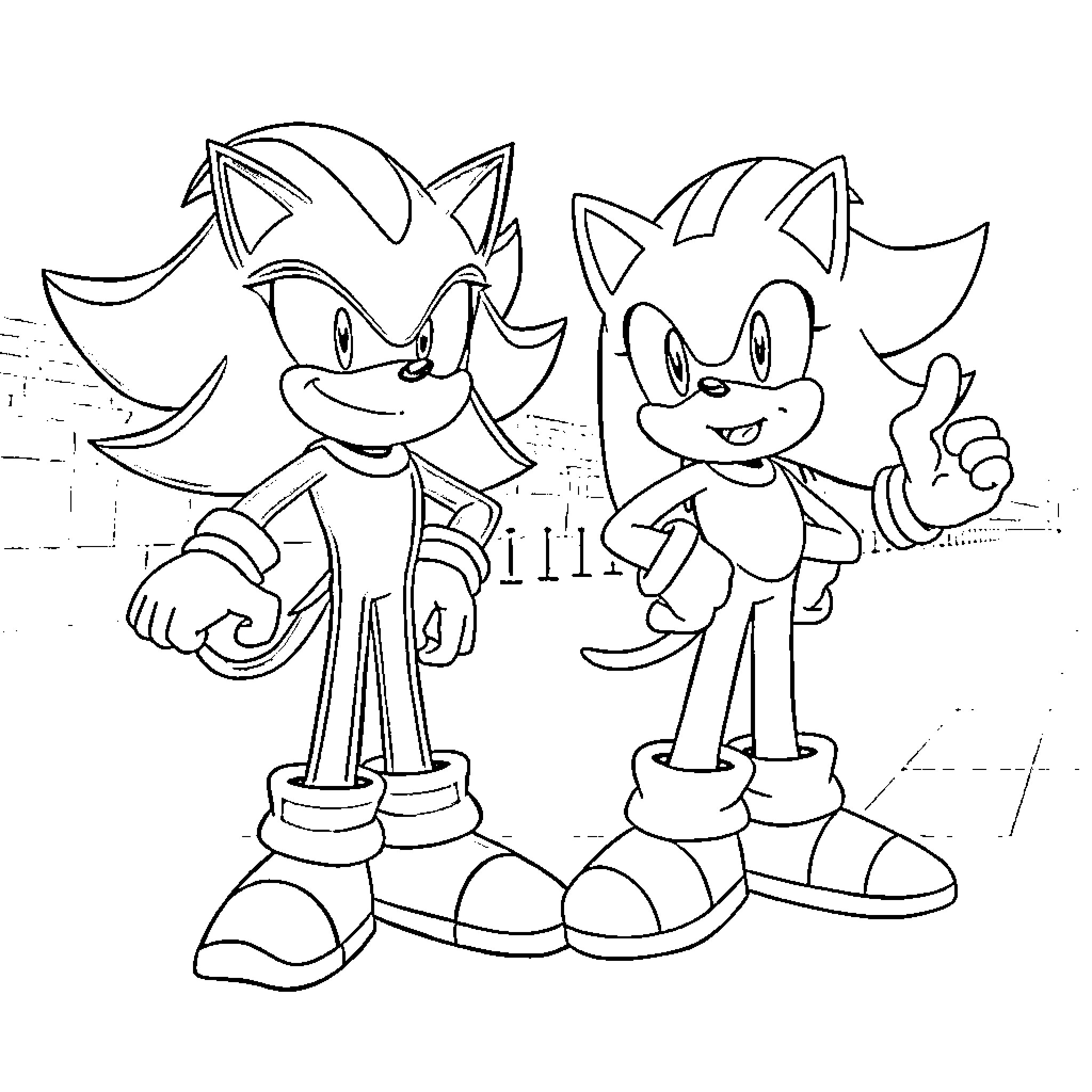 Shadow and Sonic in Action Poses Coloring Page (free black-and-white line drawing printable PDF for all, from beginners to advanced learners, including children, teens, adults, and seniors)