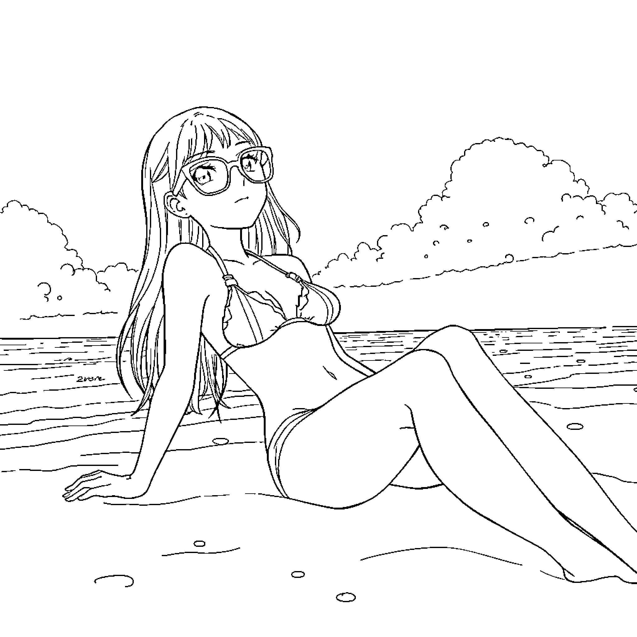 Anime Girl Relaxing on the Beach Coloring Page (free black-and-white line drawing printable PDF for all, from beginners to advanced learners, including children, teens, adults, and seniors)
