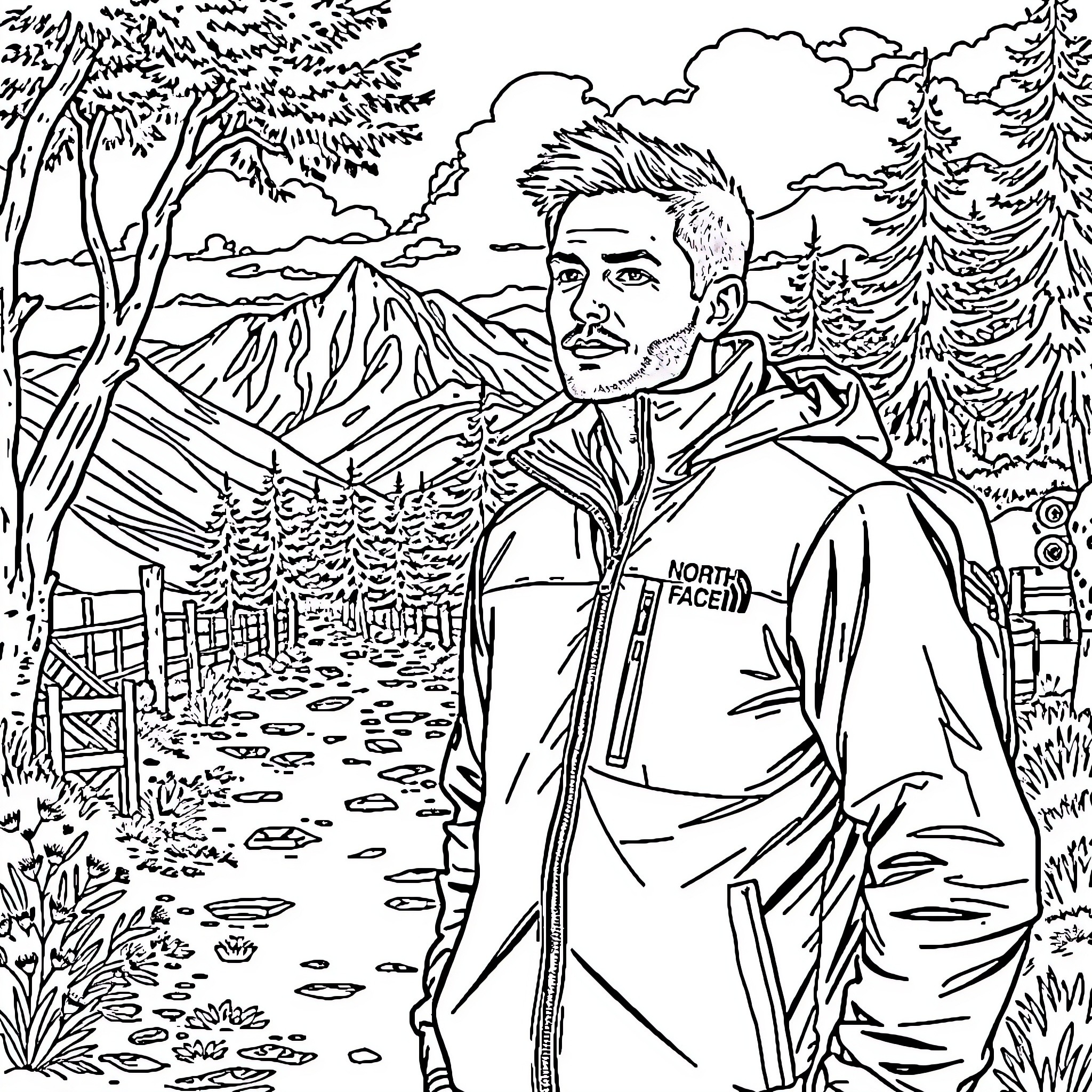 Guy exploring the beautiful mountainous landscape Coloring Page (free black-and-white line drawing printable PDF for all, from beginners to advanced learners, including children, teens, adults, and seniors)