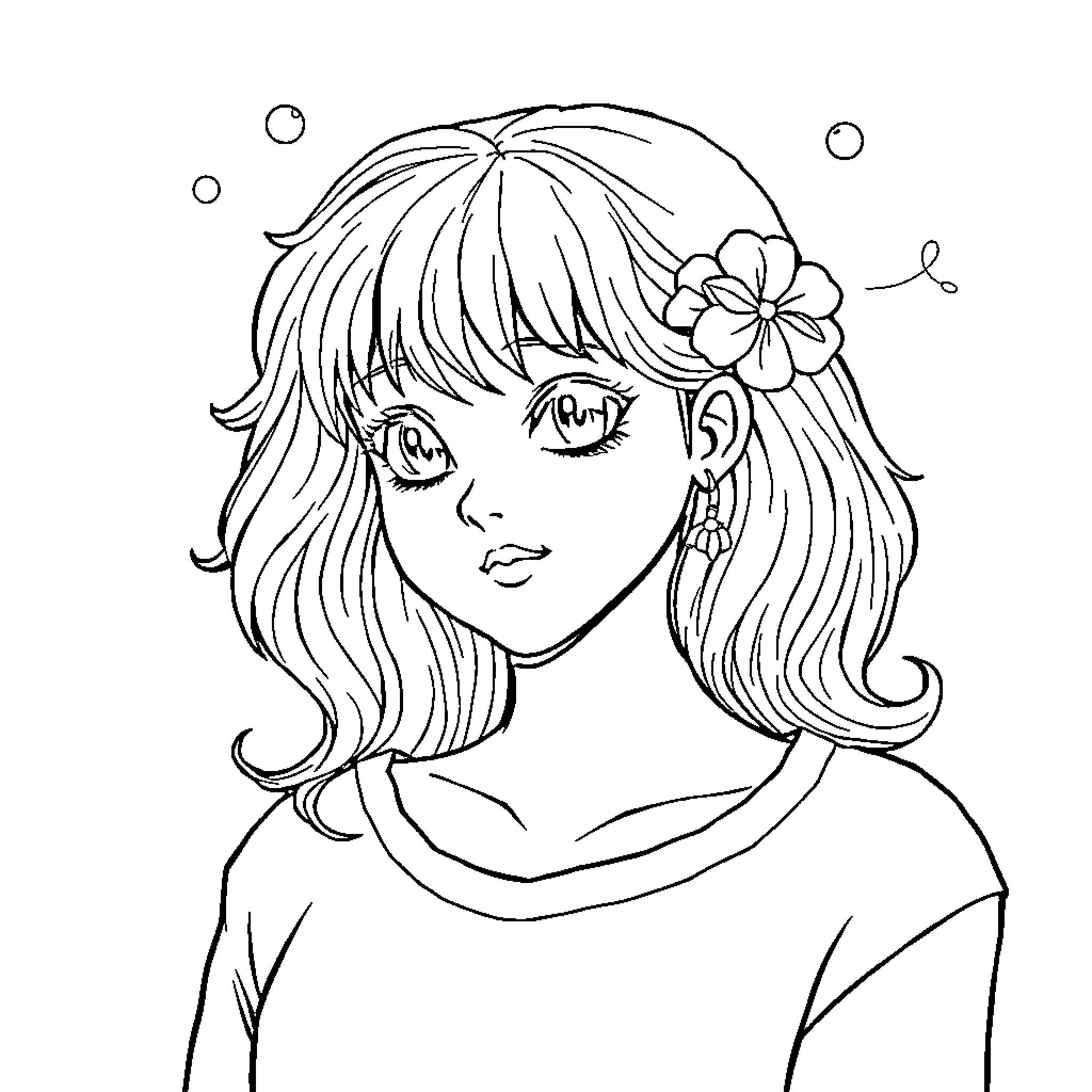 Dolphin themed girl with flowers Coloring Page (free black-and-white line drawing printable PDF for all, from beginners to advanced learners, including children, teens, adults, and seniors)
