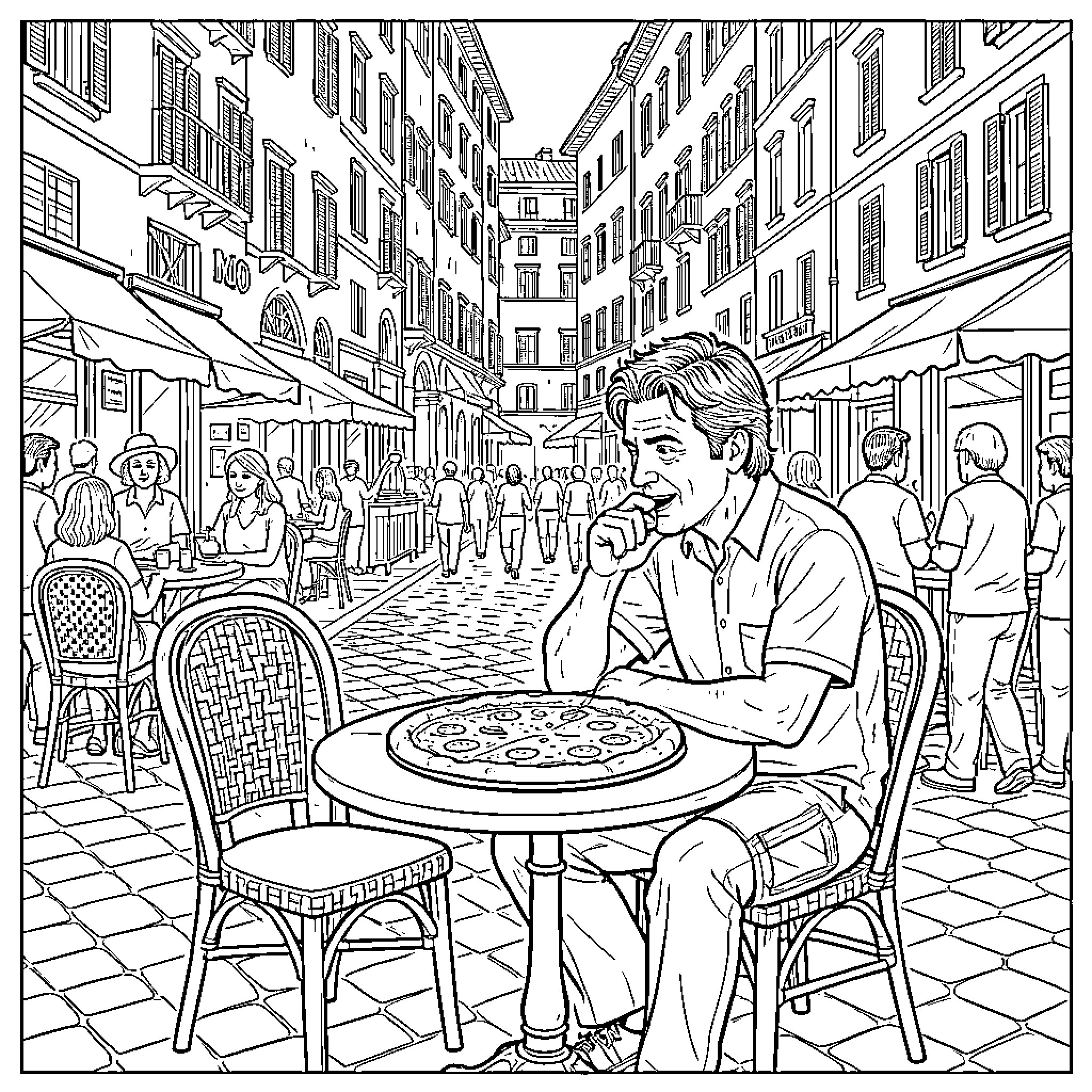 Francesco Totti eating pizza at an outdoor cafe Coloring Page (free black-and-white line drawing printable PDF for all, from beginners to advanced learners, including children, teens, adults, and seniors)