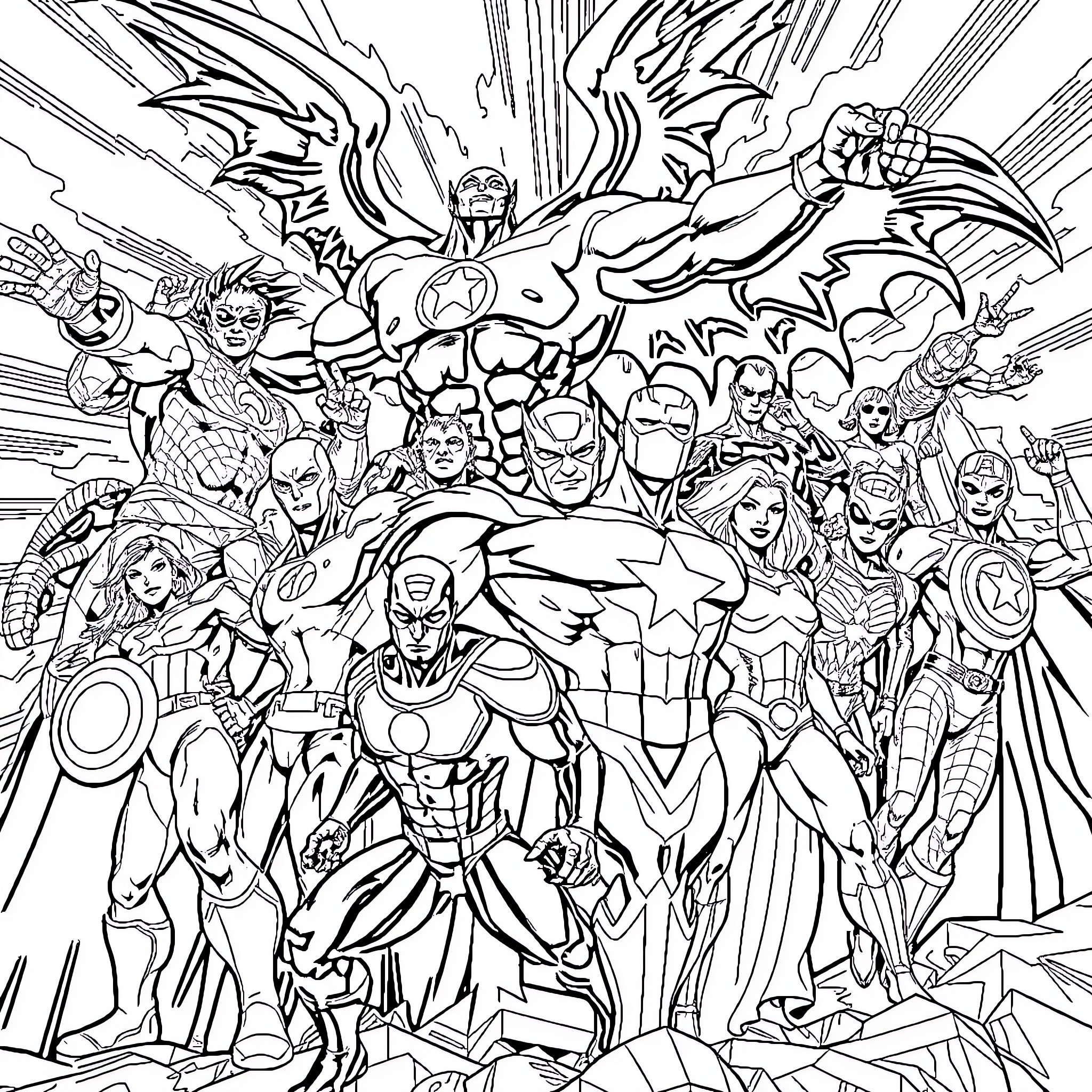 Marvel Heroes Assemble in Epic Clash Coloring Page (free black-and-white line drawing printable PDF for all, from beginners to advanced learners, including children, teens, adults, and seniors)