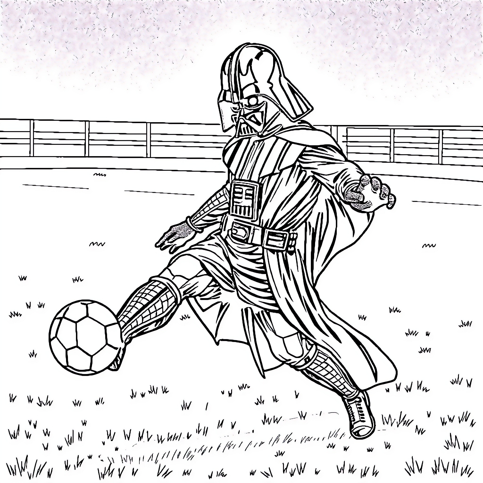 Darth Vader playing soccer in a field Coloring Page (free black-and-white line drawing printable PDF for all, from beginners to advanced learners, including children, teens, adults, and seniors)