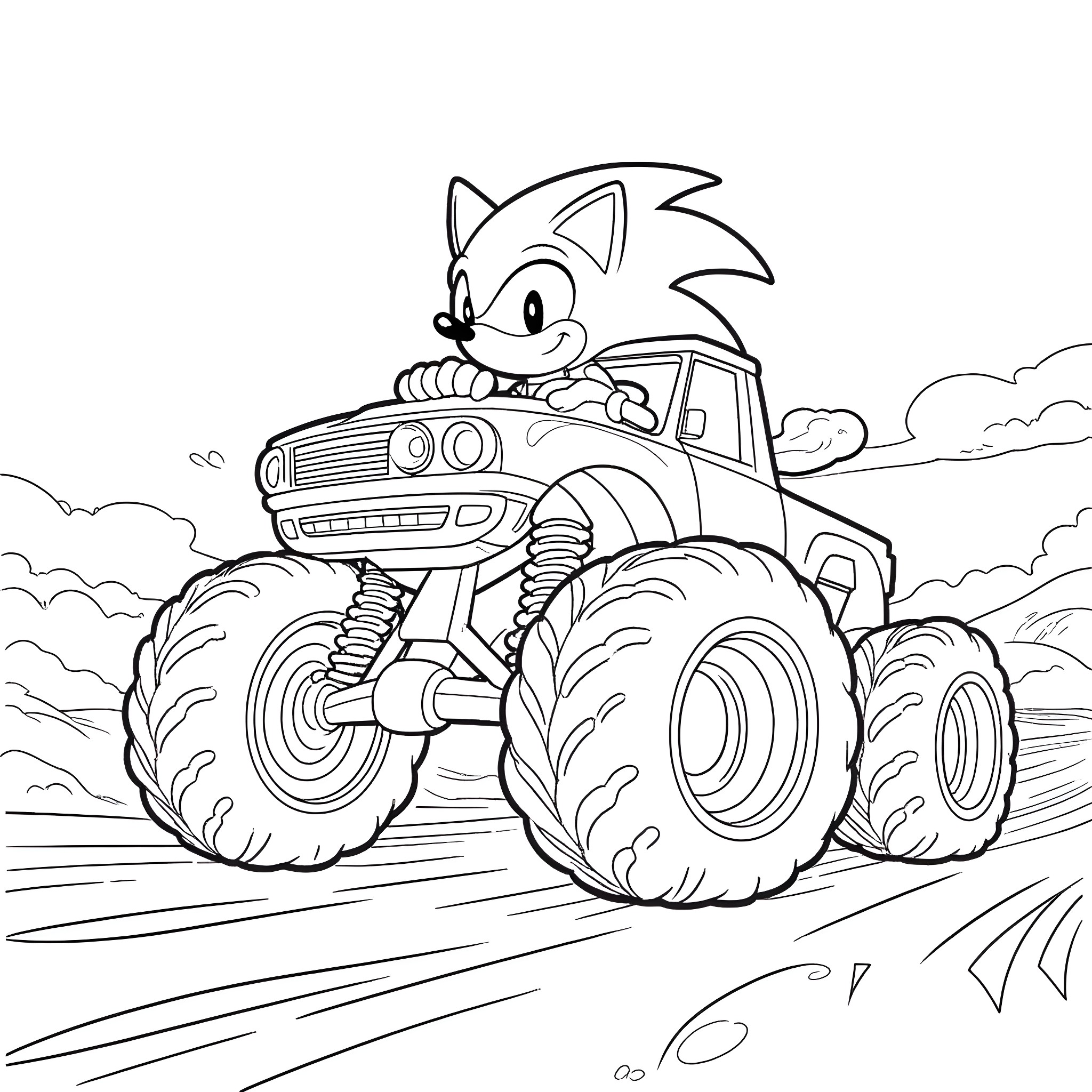 Sonic racing with monster truck on dusty track Coloring Page (free black-and-white line drawing printable PDF for all, from beginners to advanced learners, including children, teens, adults, and seniors)