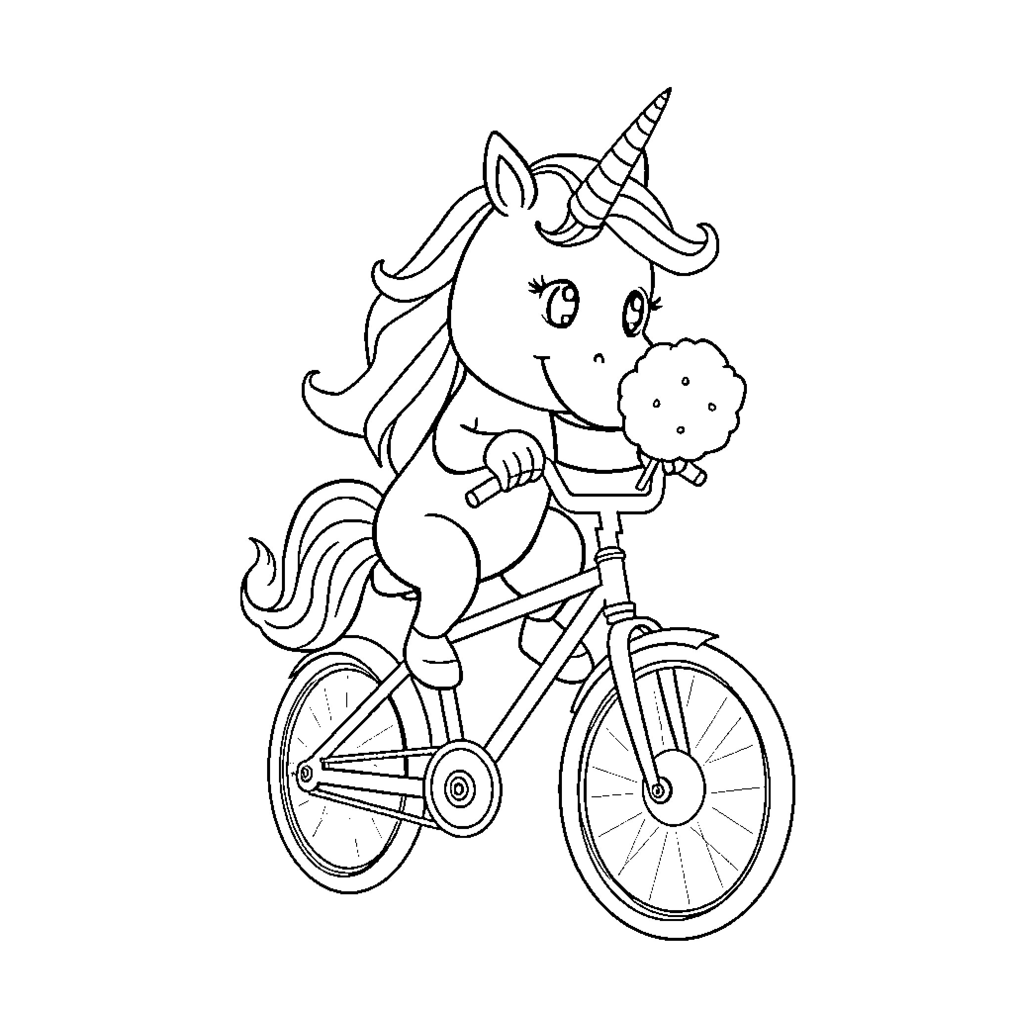 Unicorn riding a bicycle happily Coloring Page (free black-and-white line drawing printable PDF for all, from beginners to advanced learners, including children, teens, adults, and seniors)