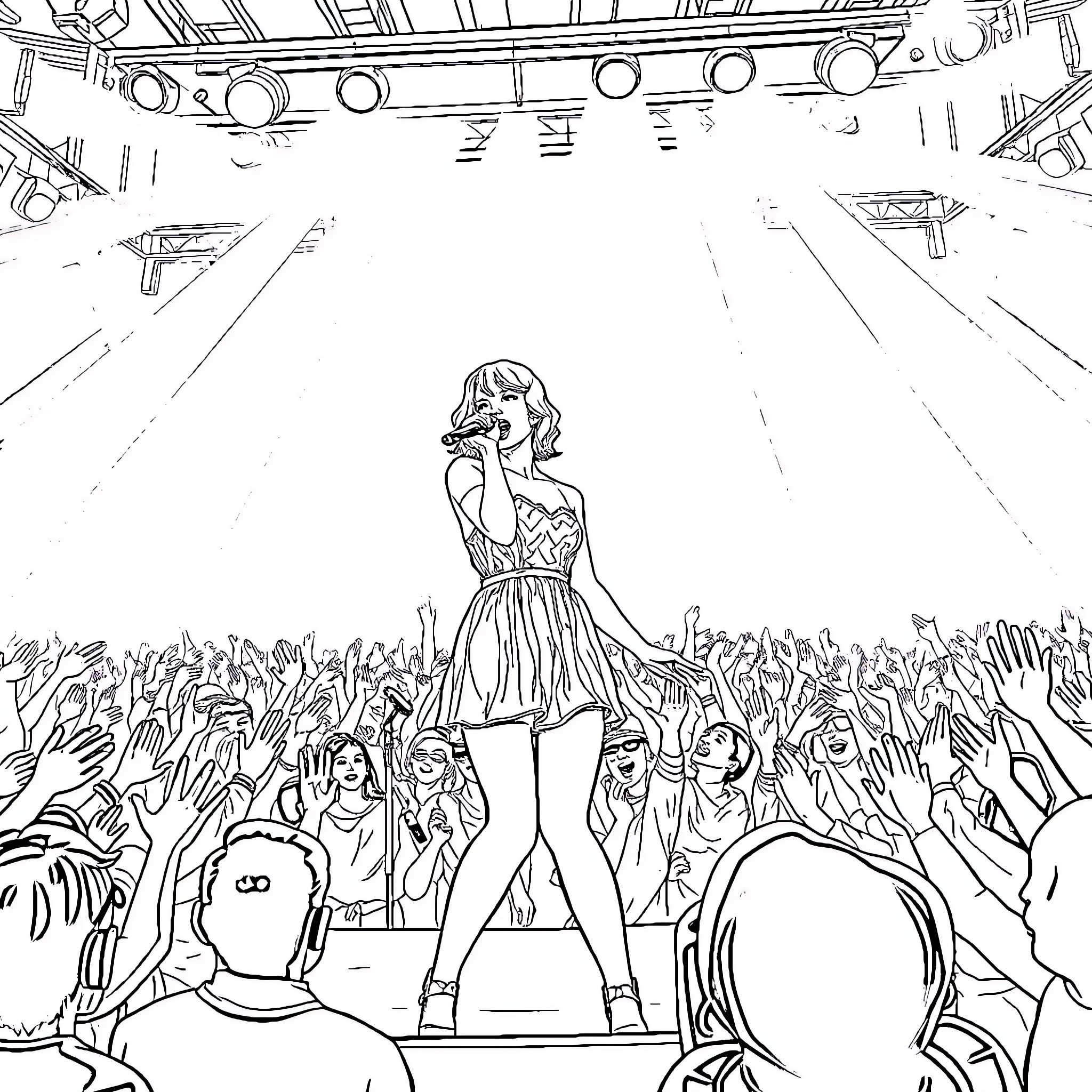Taylor Swift performing on stage for a cheering crowd Coloring Page (free black-and-white line drawing printable PDF for all, from beginners to advanced learners, including children, teens, adults, and seniors)