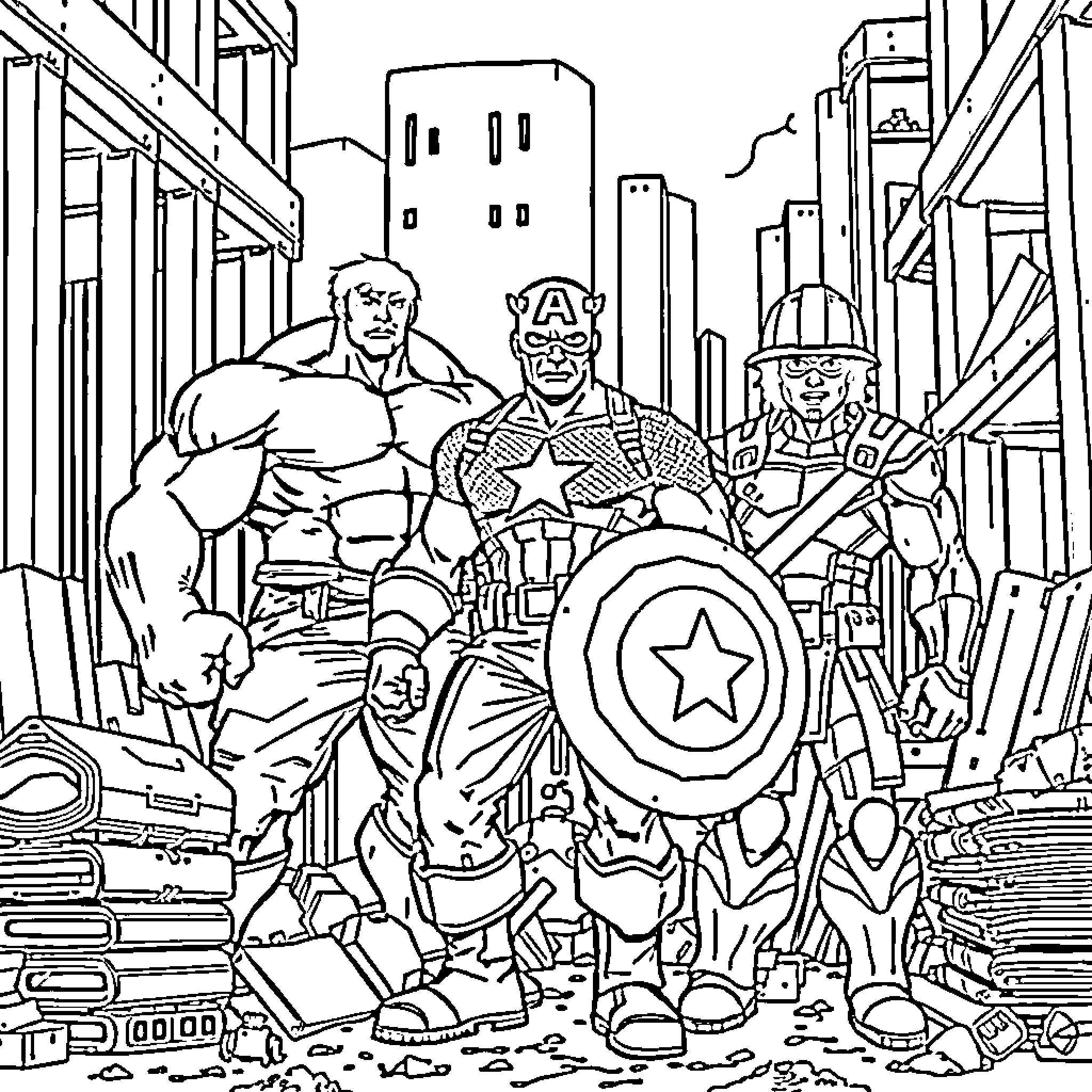 Superhero team assembles in the city Coloring Page (free black-and-white line drawing printable PDF for all, from beginners to advanced learners, including children, teens, adults, and seniors)