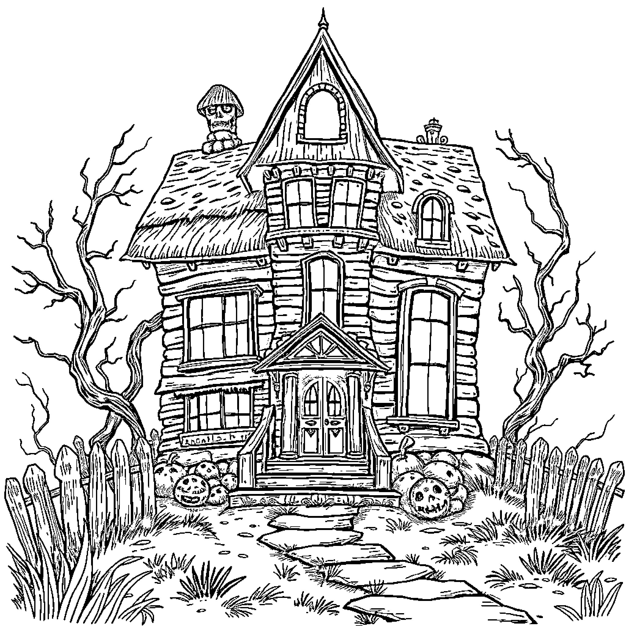 Monster House with Spooky Surroundings Coloring Page (free black-and-white line drawing printable PDF for all, from beginners to advanced learners, including children, teens, adults, and seniors)