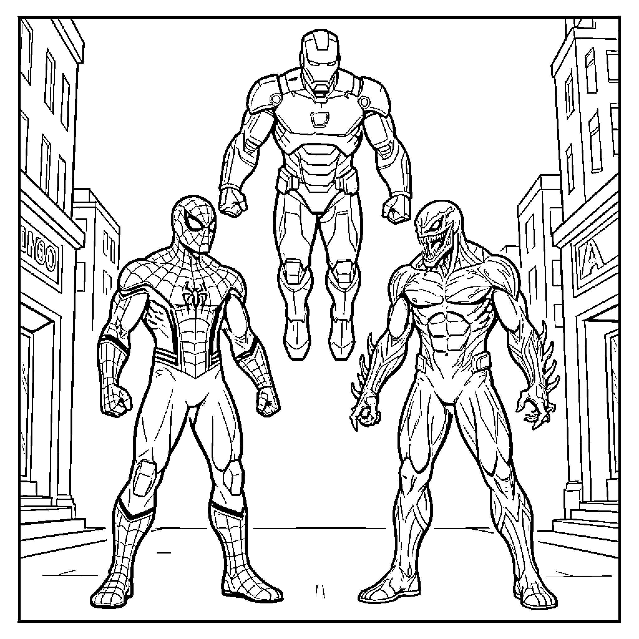 Spiderman and Iron Man heroes battle in the city Coloring Page (free black-and-white line drawing printable PDF for all, from beginners to advanced learners, including children, teens, adults, and seniors)