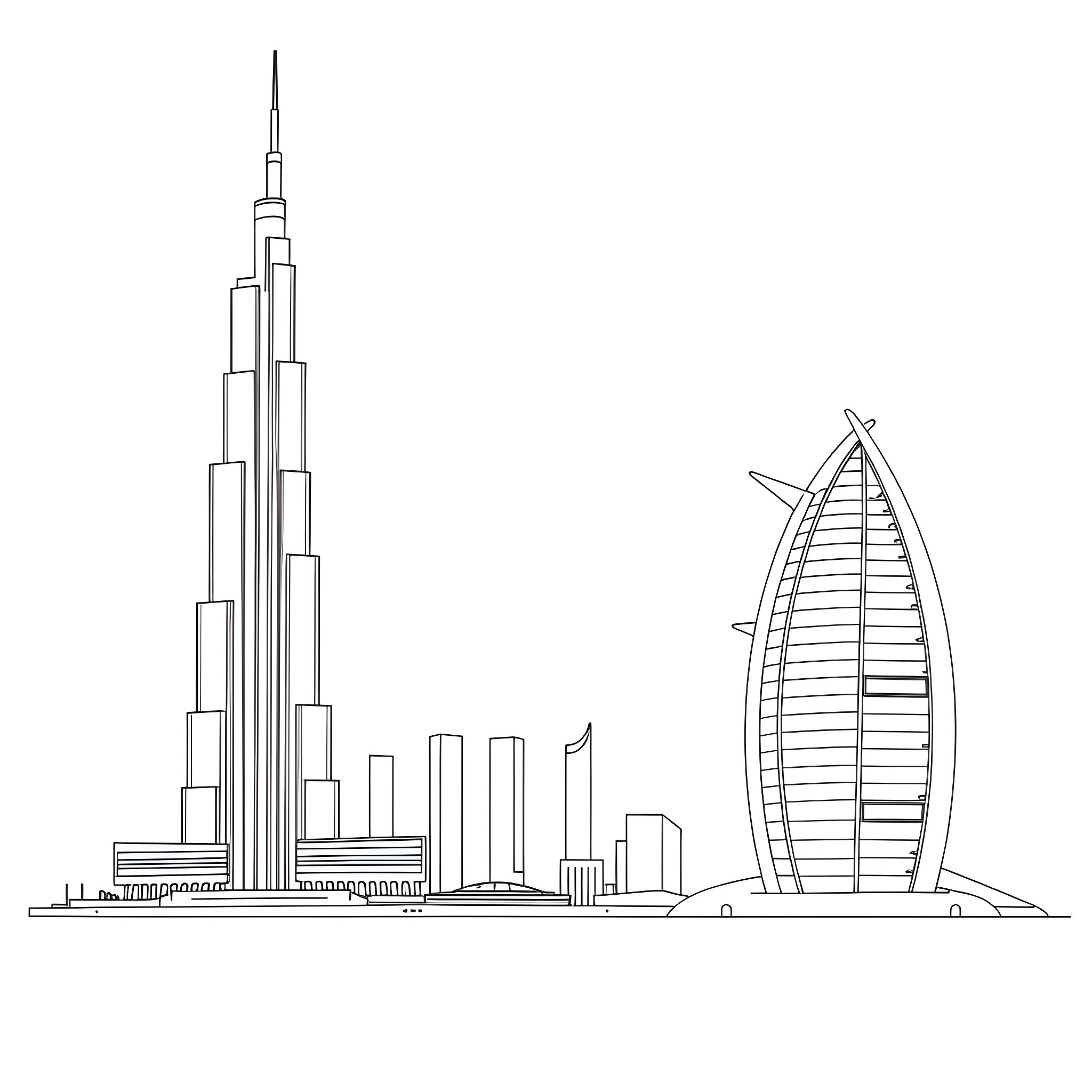 Building Skyline with Modern Architecture Coloring Page (free black-and-white line drawing printable PDF for all, from beginners to advanced learners, including children, teens, adults, and seniors)