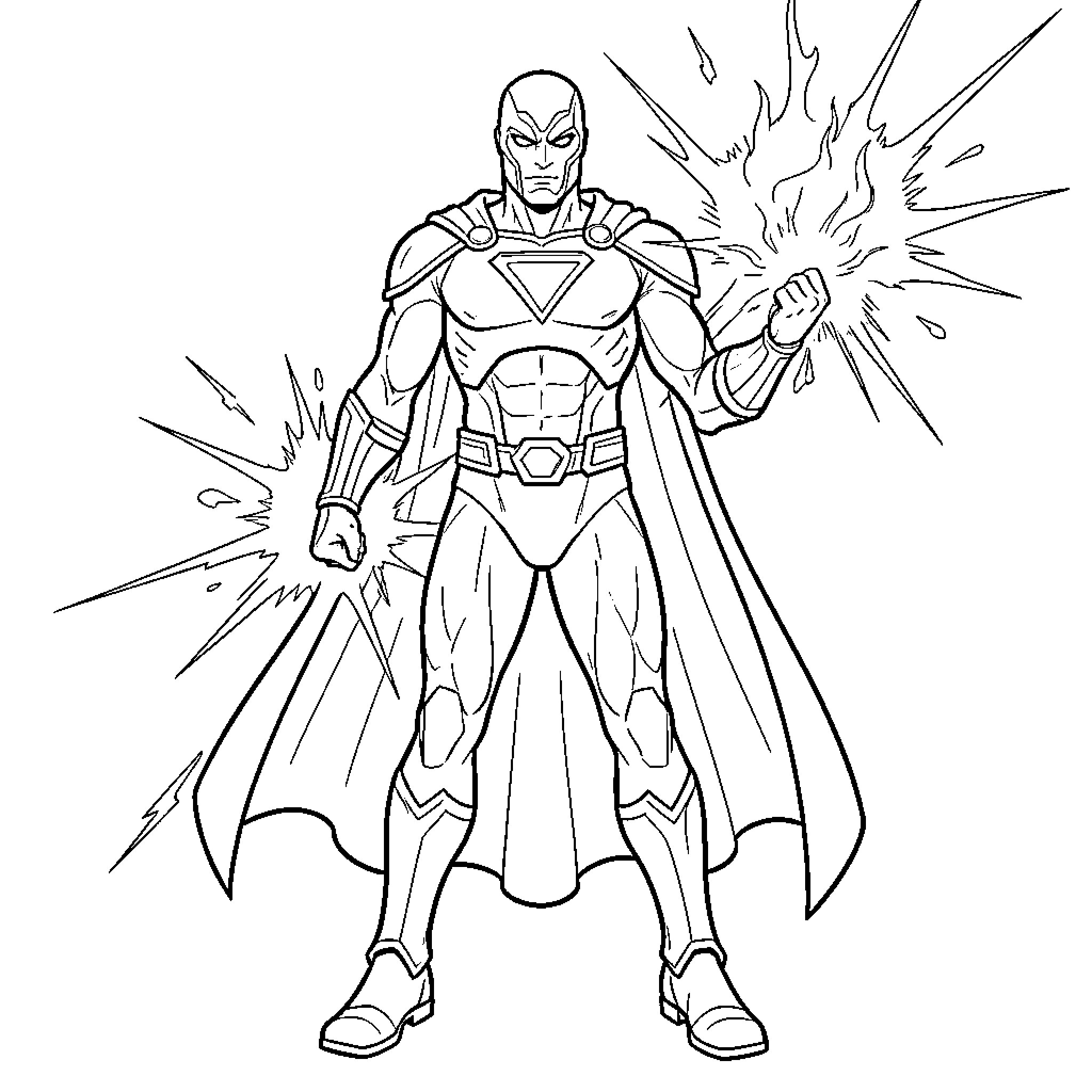 Superman standing heroically with energy radiating from hands Coloring Page (free black-and-white line drawing printable PDF for all, from beginners to advanced learners, including children, teens, adults, and seniors)