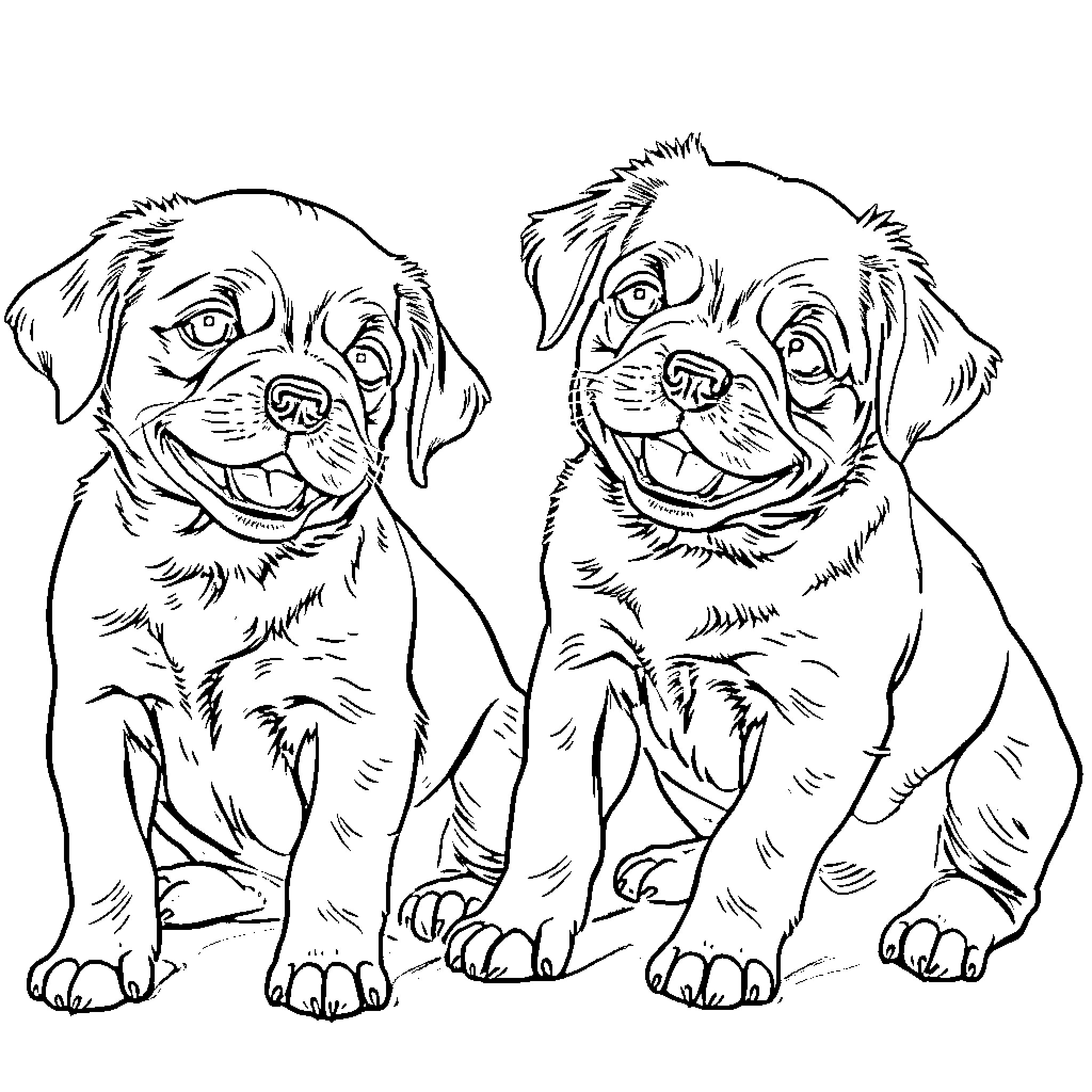 Puppies playing happily in the park Coloring Page (free black-and-white line drawing printable PDF for all, from beginners to advanced learners, including children, teens, adults, and seniors)