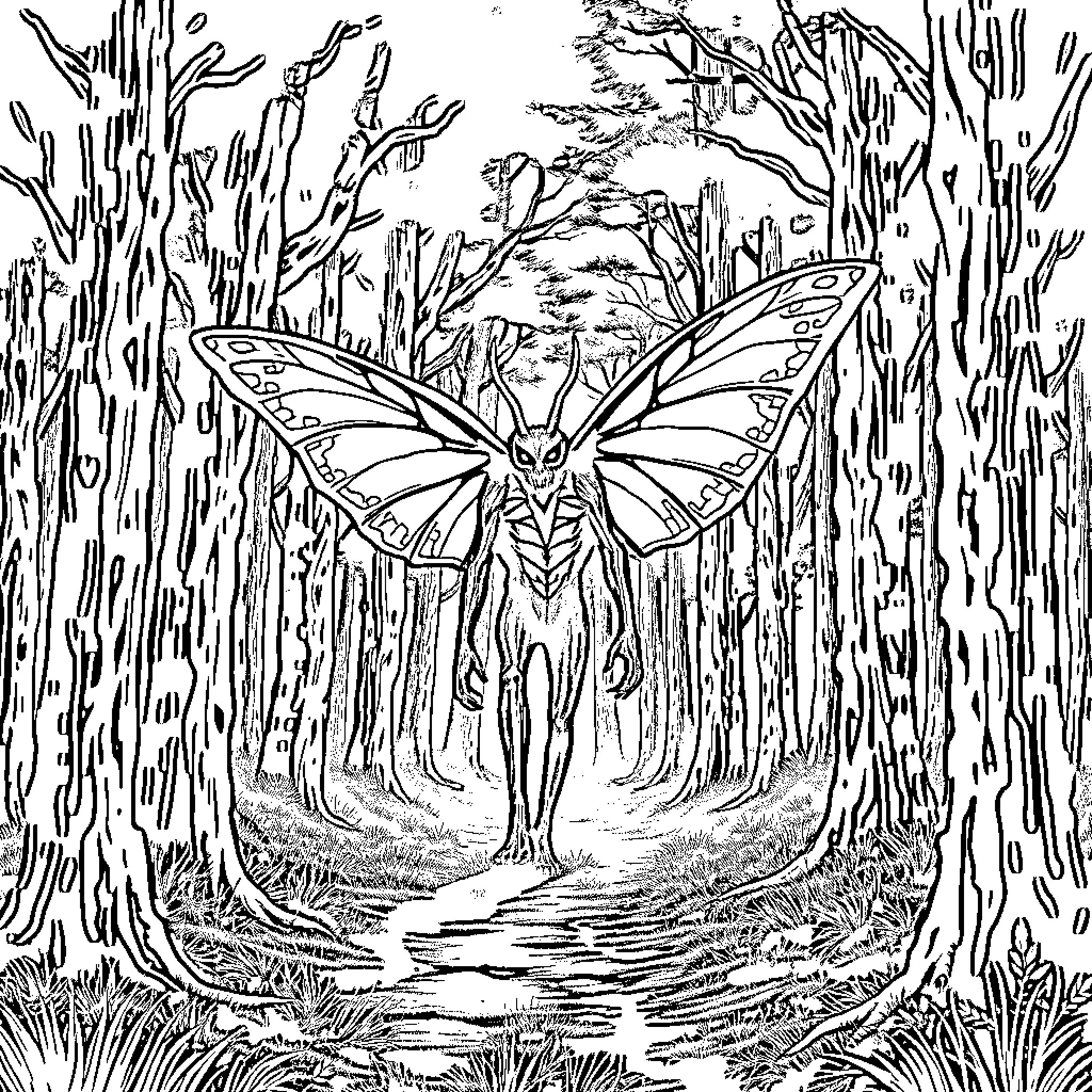 Mothman emerging from the mysterious forest Coloring Page (free black-and-white line drawing printable PDF for all, from beginners to advanced learners, including children, teens, adults, and seniors)
