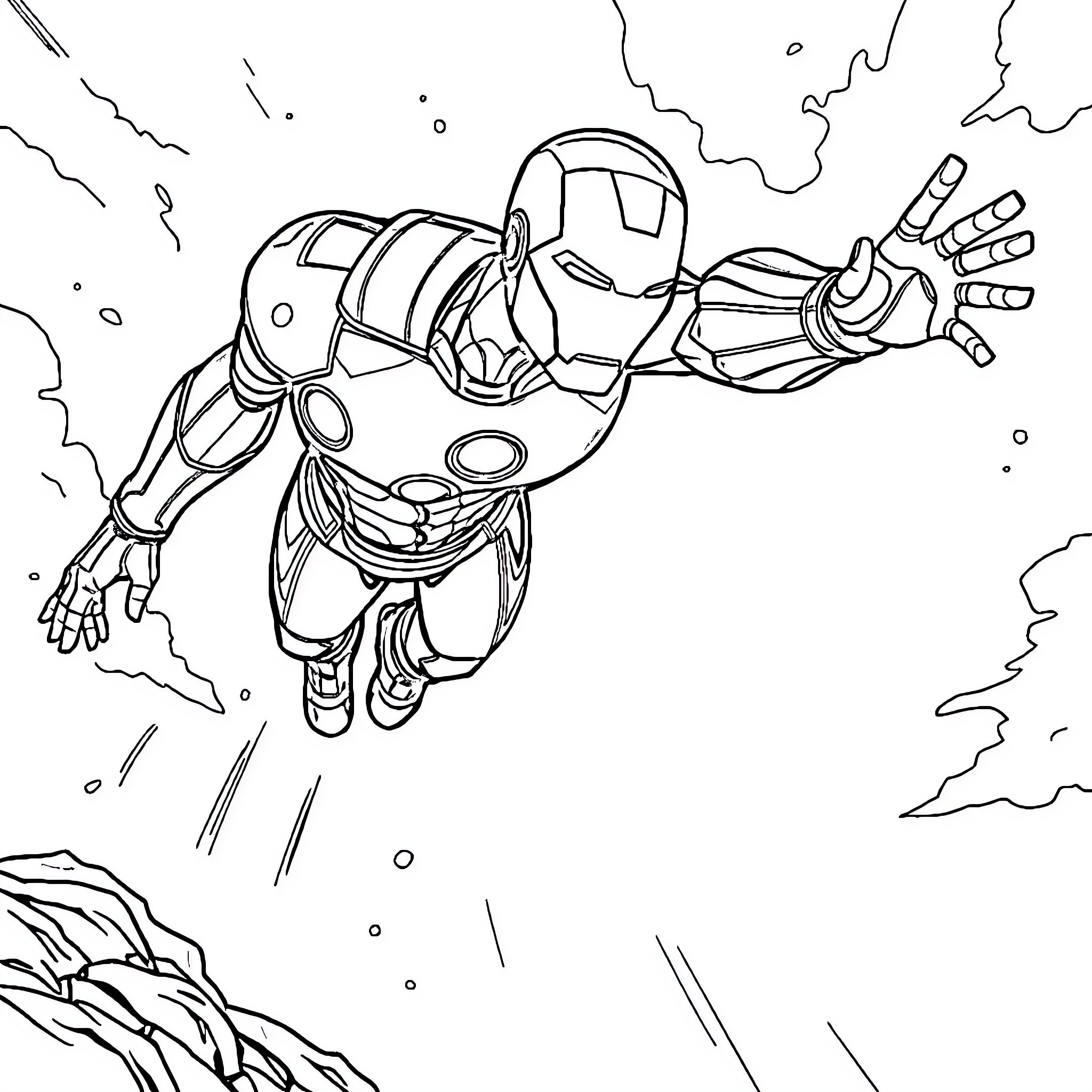 Iron Man soaring through the sky in action pose Coloring Page (free black-and-white line drawing printable PDF for all, from beginners to advanced learners, including children, teens, adults, and seniors)
