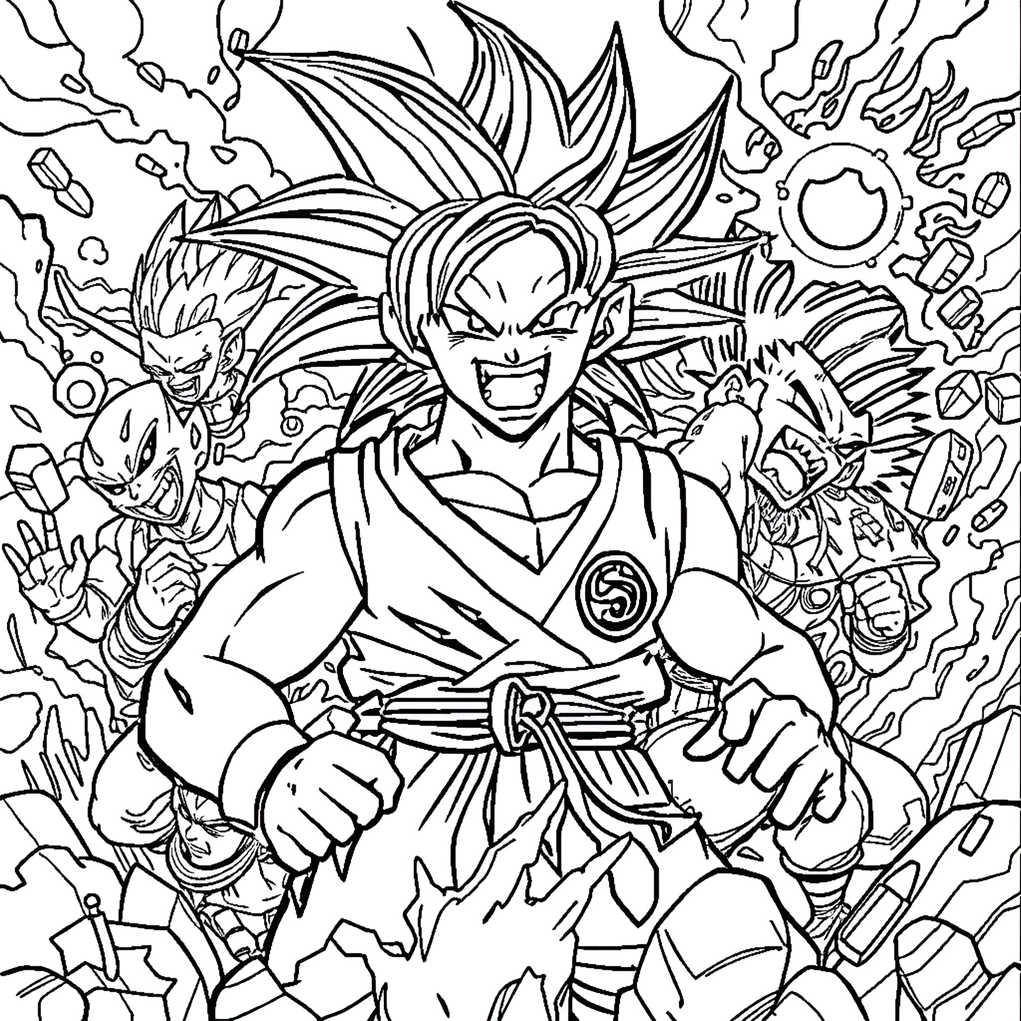 Dragon Ball: Warrior's Fierce Battle Eruption Coloring Page (free black-and-white line drawing printable PDF for all, from beginners to advanced learners, including children, teens, adults, and seniors)