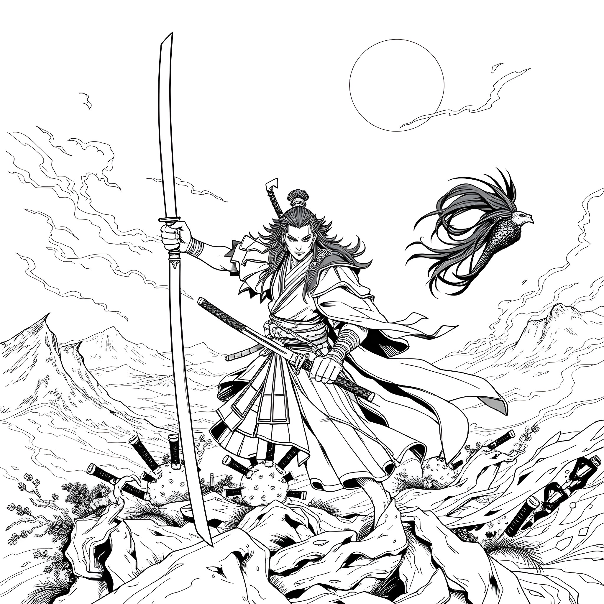Tanjiro's Fierce Battle Against the Demon Horde Coloring Page (free black-and-white line drawing printable PDF for all, from beginners to advanced learners, including children, teens, adults, and seniors)