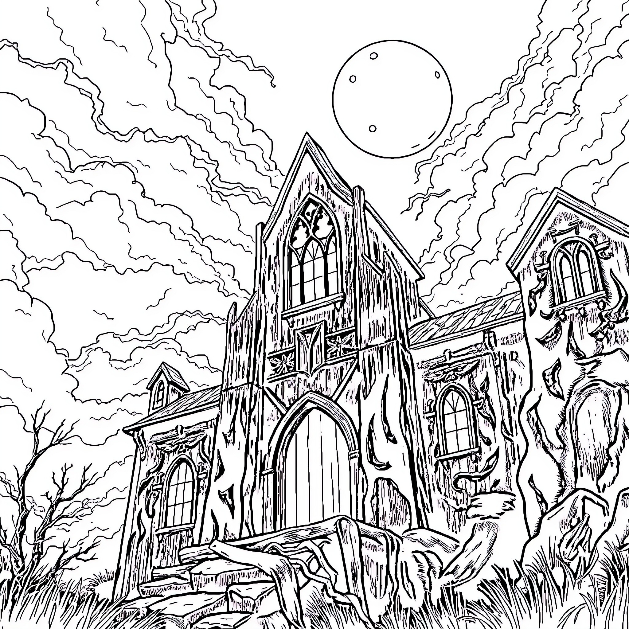 Doom: Haunting Gothic Manor under Ominous Sky Coloring Page (free black-and-white line drawing printable PDF for all, from beginners to advanced learners, including children, teens, adults, and seniors)