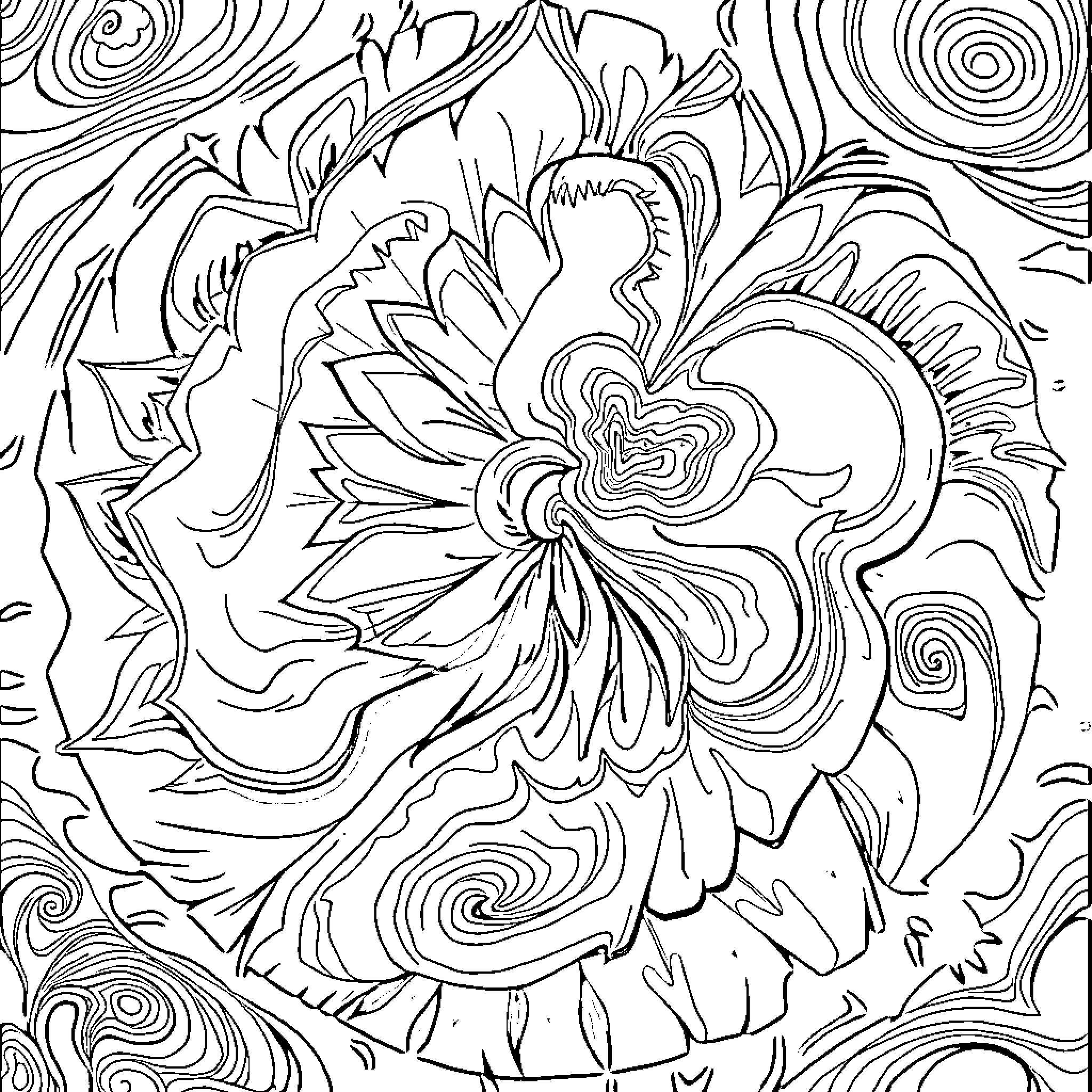 Tie Dye Floral Explosion Coloring Page (free black-and-white line drawing printable PDF for all, from beginners to advanced learners, including children, teens, adults, and seniors)
