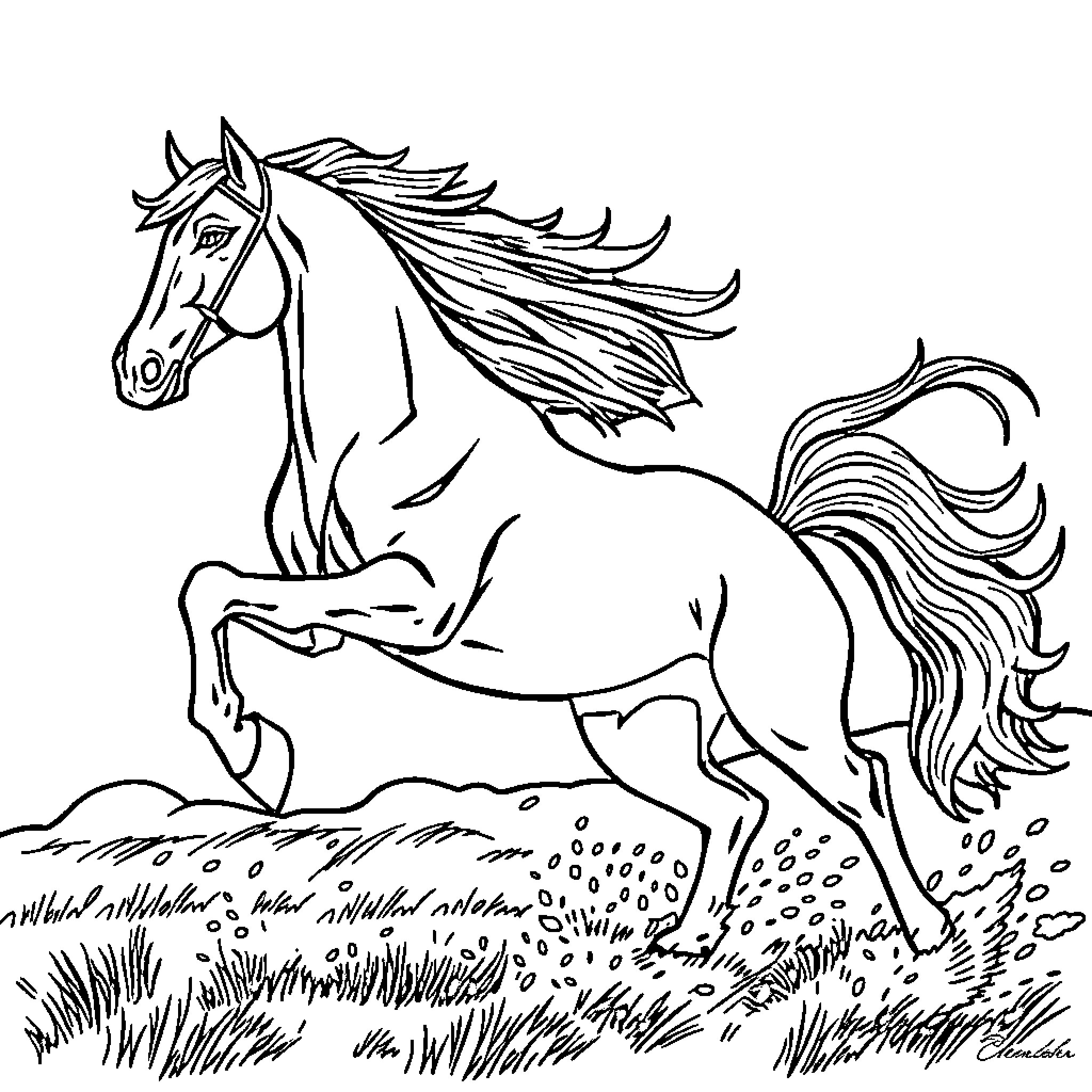 Horse running freely in the field Coloring Page (free black-and-white line drawing printable PDF for all, from beginners to advanced learners, including children, teens, adults, and seniors)