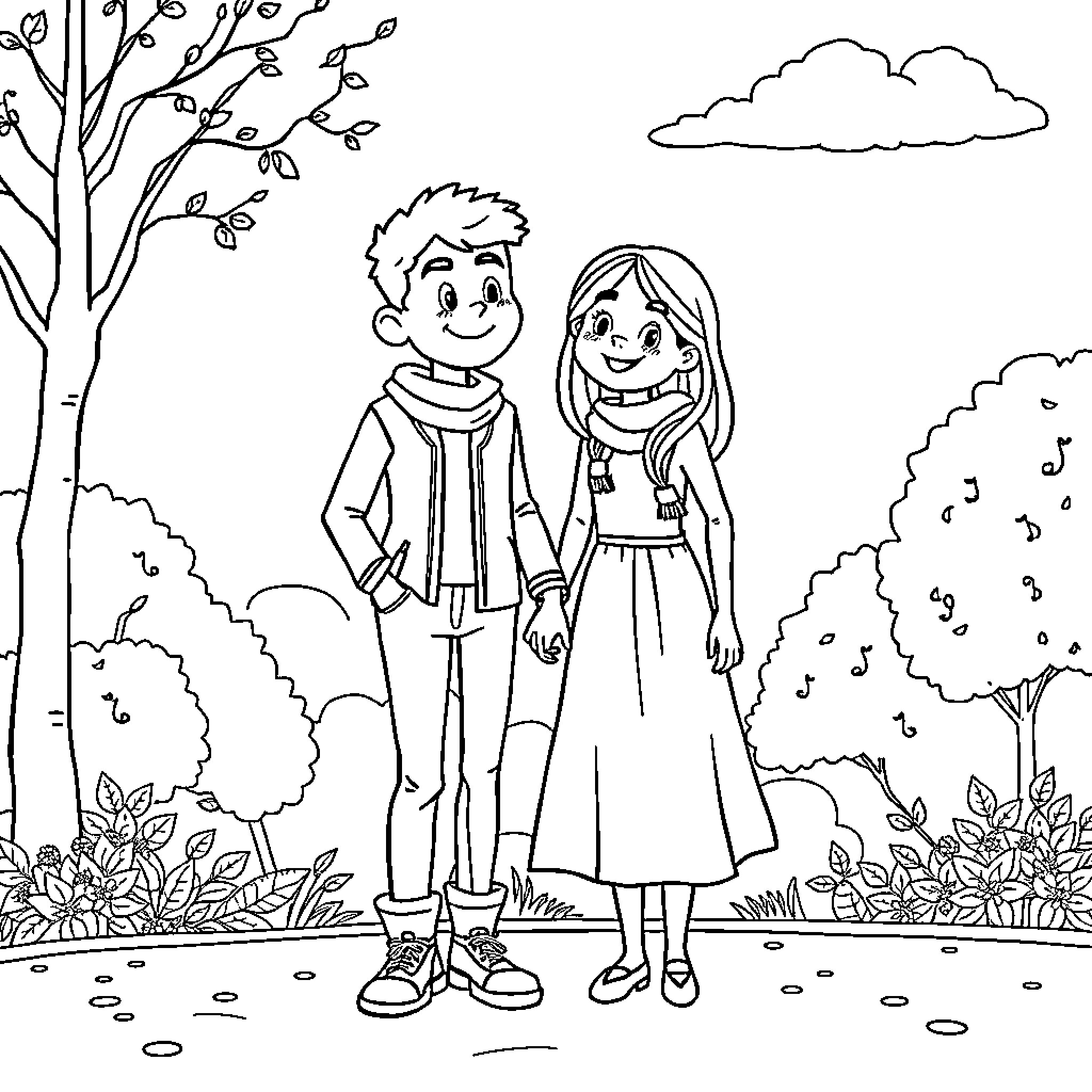 Parents enjoying outdoor scene together Coloring Page (free black-and-white line drawing printable PDF for all, from beginners to advanced learners, including children, teens, adults, and seniors)